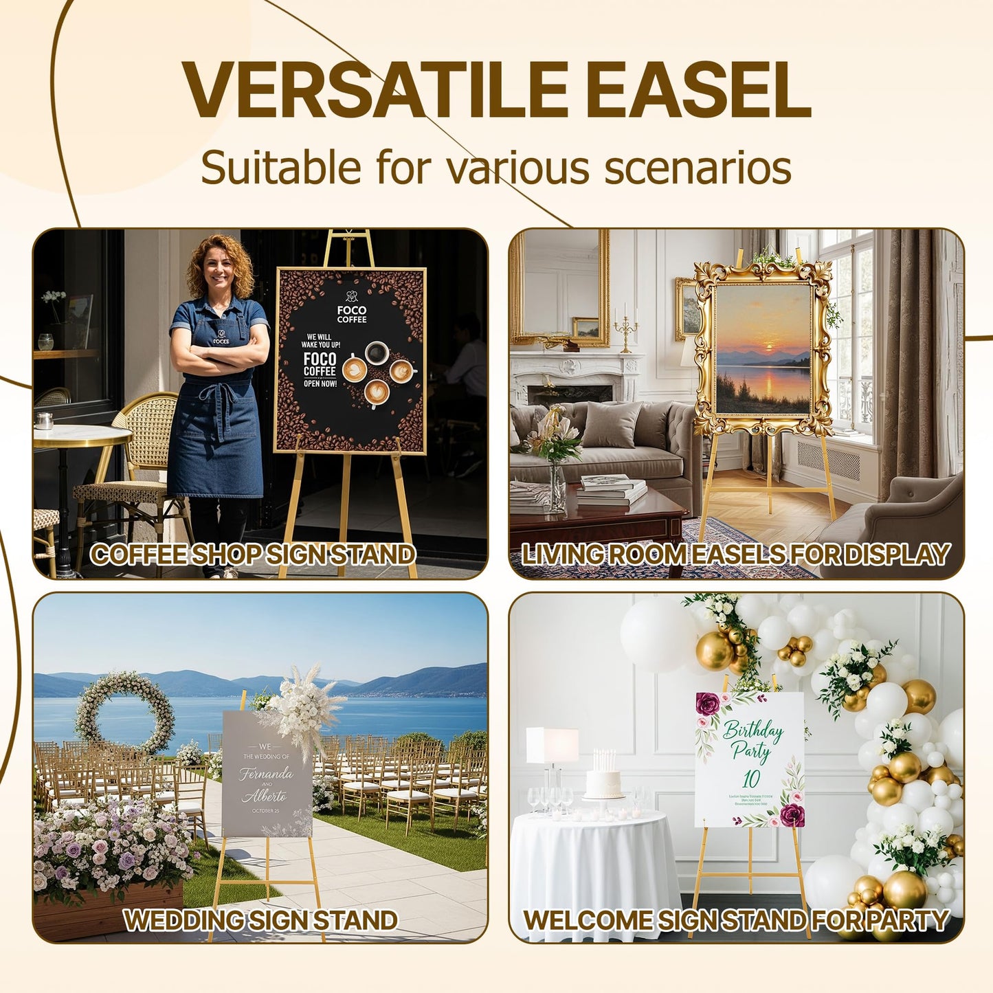 57.5" Gold Easel Stand for Sign, Wedding Sign Stand for Display, Assembly Required, 4 Adjustable Height Levels Heavy Duty Metal Display Stand Floor Standing Easels for Art, Paintings, Pictures