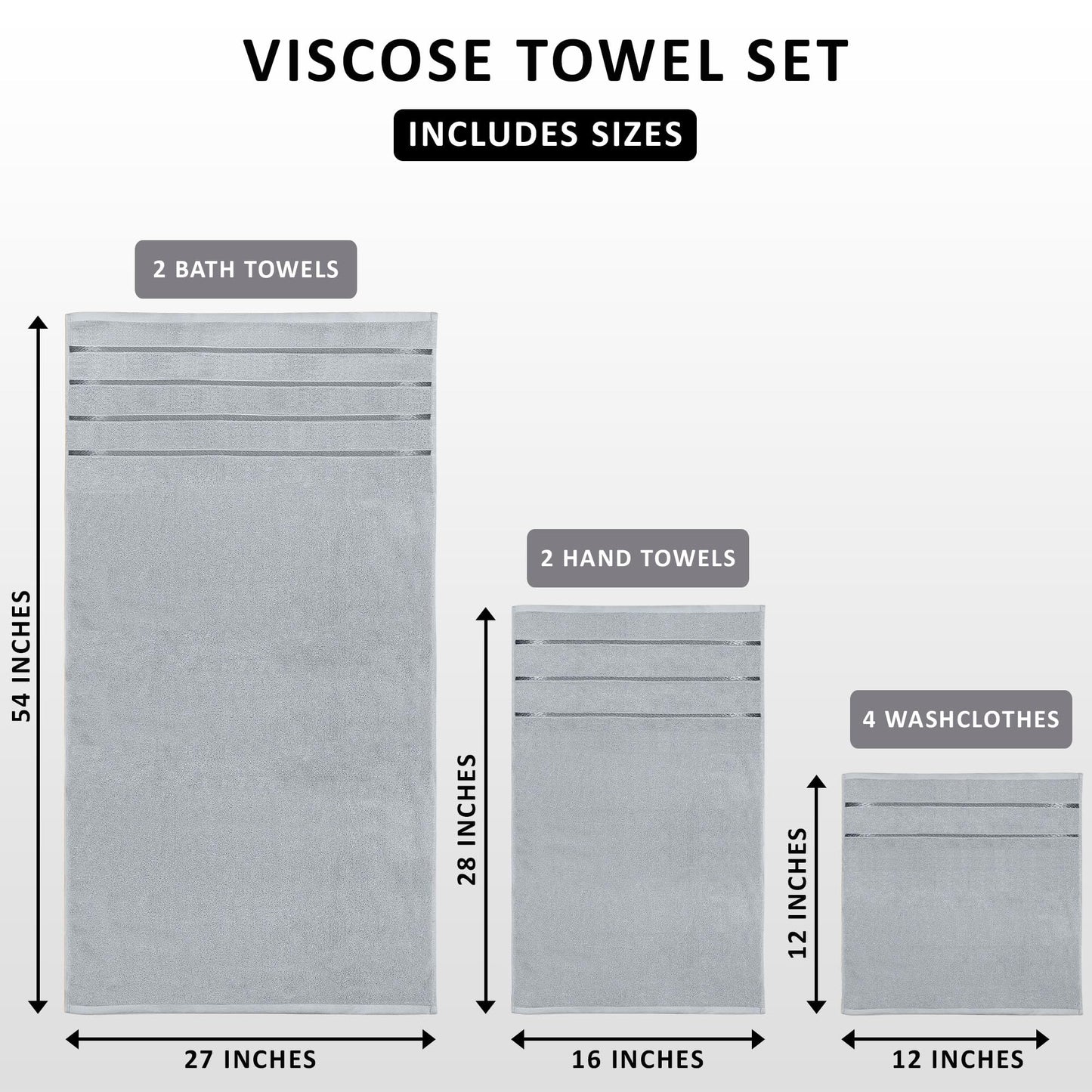 Utopia Towels 8 Piece Luxury Towel Set, 2 Bath, 2 Hand, and 4 Wash Cloths, 600 GSM Ring Spun Cotton, Highly Absorbent Viscose Stripe Towels, Ideal for Everyday use, Cool Grey