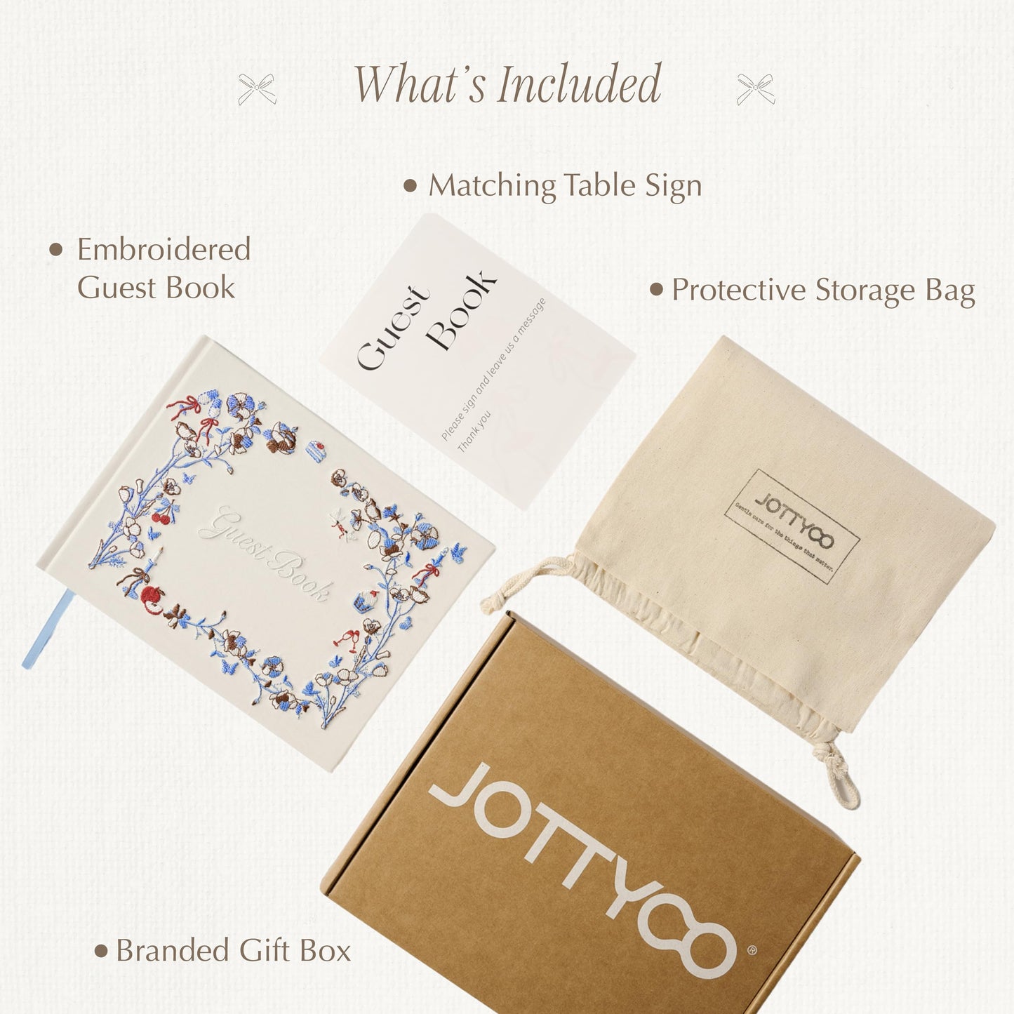 Jottyco Embroidered Wedding Guest Book, Cotton Cover, Acid-Free Paper, 160 Pages, 9" L × 7" W, Sign in Book for Wedding Reception, Baby Shower&Events, with Envelopes, Table Card&Cotton Pouch (Ivory)