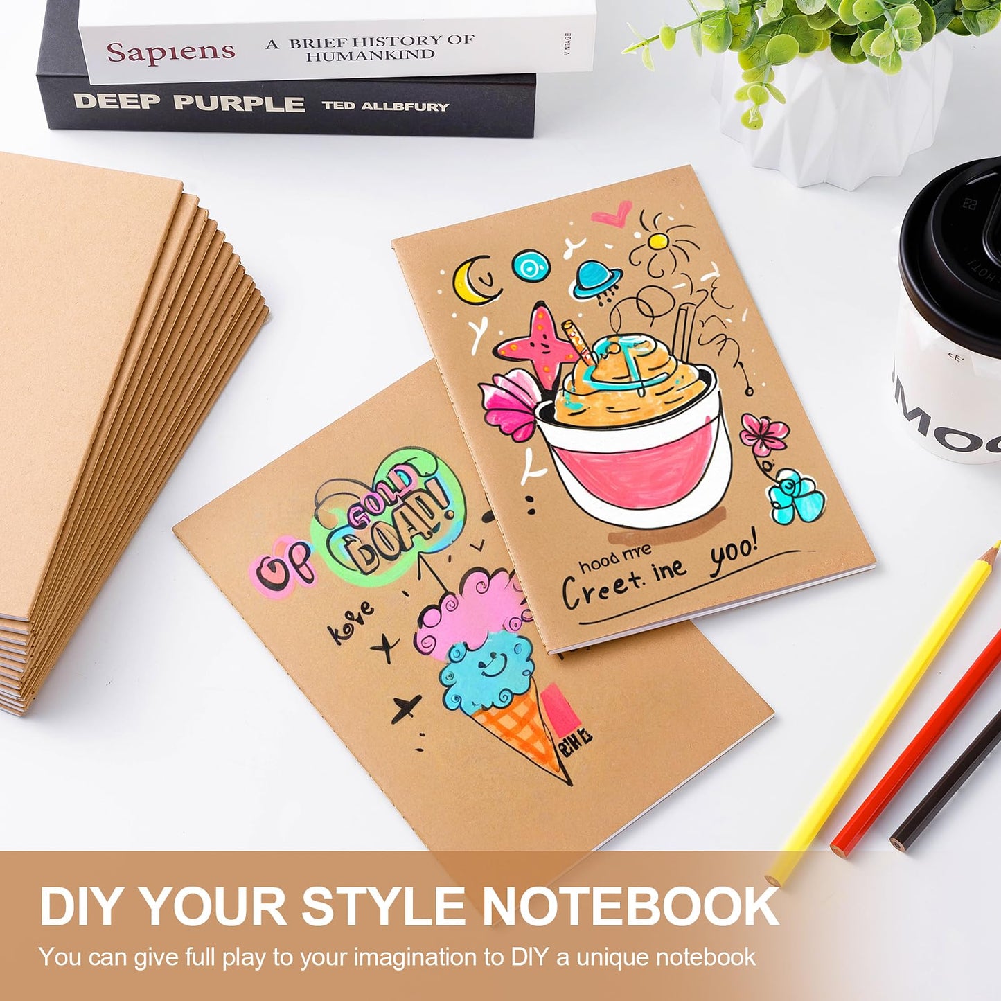 YGPHO 60PCS A5 Blank Kraft Notebooks Bulk, 8.3x5.5inch Unlined Paper Composition Notebook, 60 Pages Travel Journal Notebook Set for Work, School, Student,Kids and Writing