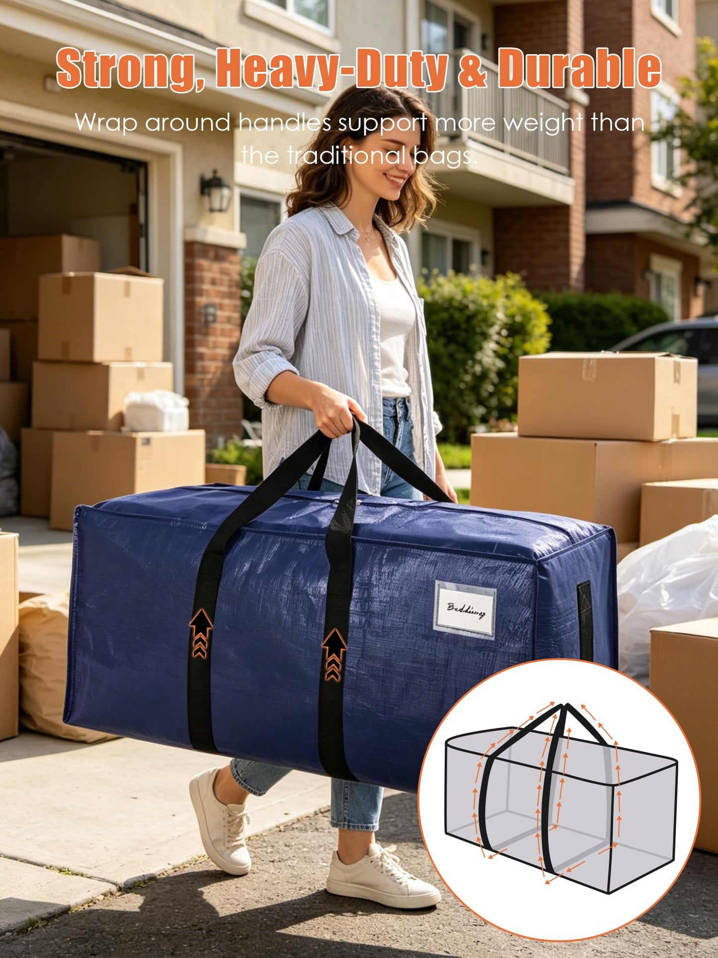 SWEET DOLPHIN 12 Pack 200LB Heavy-Duty Moving Bags with Wrap-Around Handles, Extra Large Storage Totes for Space Saving, Clothes Storage Bags, College Dorm Essentials, Blue, 24 Gal