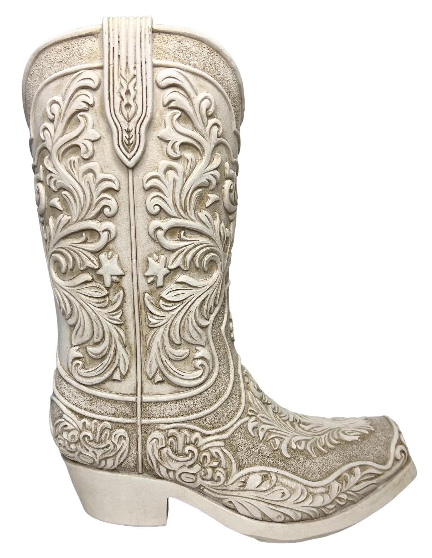 Cowgirl Boot Flower Vase – 9” Tall Antique White Finish with Intricate Tooled Leather Detailing - Decorative Western Cowboy Modern Rustic Decor