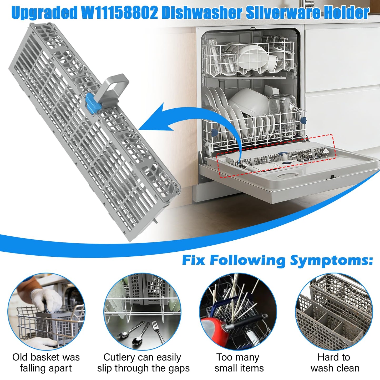 UPGRADED W11158802 Dishwasher Silverware Basket Compatible with Whirlpool Dishwasher Silverware Basket Parts 8535075 Utensil Basket W10360461 W10629541 PS12347808 WDF520PADM0 WDF730PAYM0