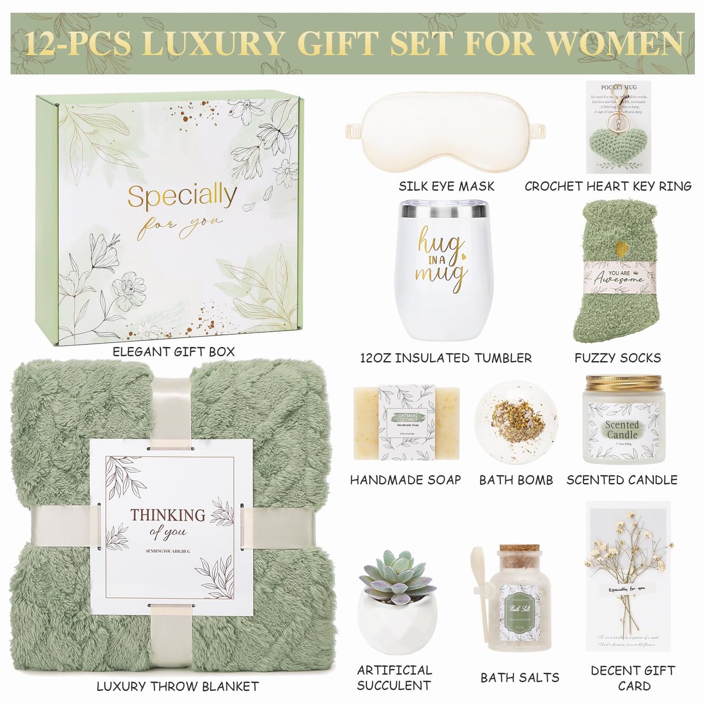 CuriBox Get Well Gifts for Women Self Care Gifts Basket - Relaxing Spa Care Package After Surgery Feel Better Sympathy Mothersday Birthday Gift for Her Mom Sister Friend Wife (Green)