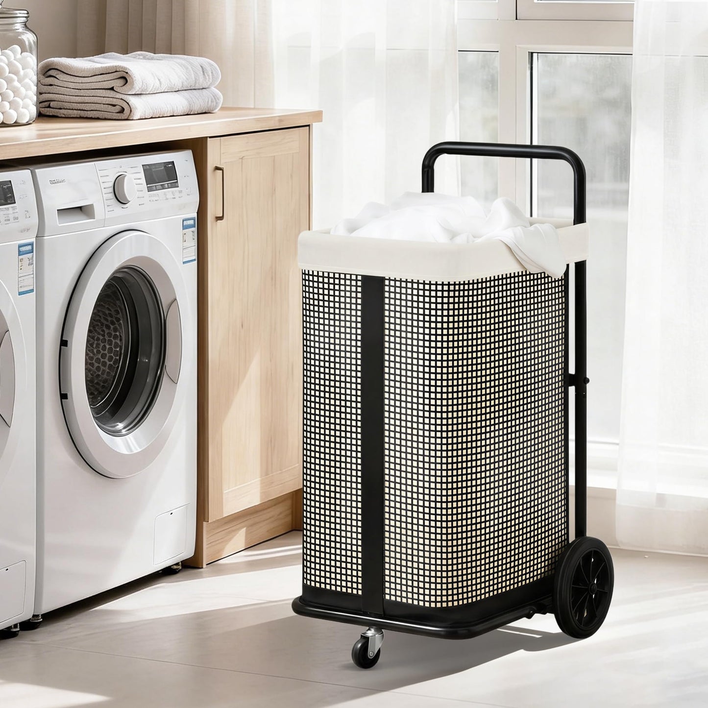 STORAGE MANIAC Rolling Laundry Cart with Wheels 37.4"H Laundry Hamper with Removable and Washable Canvas Liner Heavy Duty Laundry Basket Sorter Utility Cart Steel Frame for Clothes & Groceries, Beige