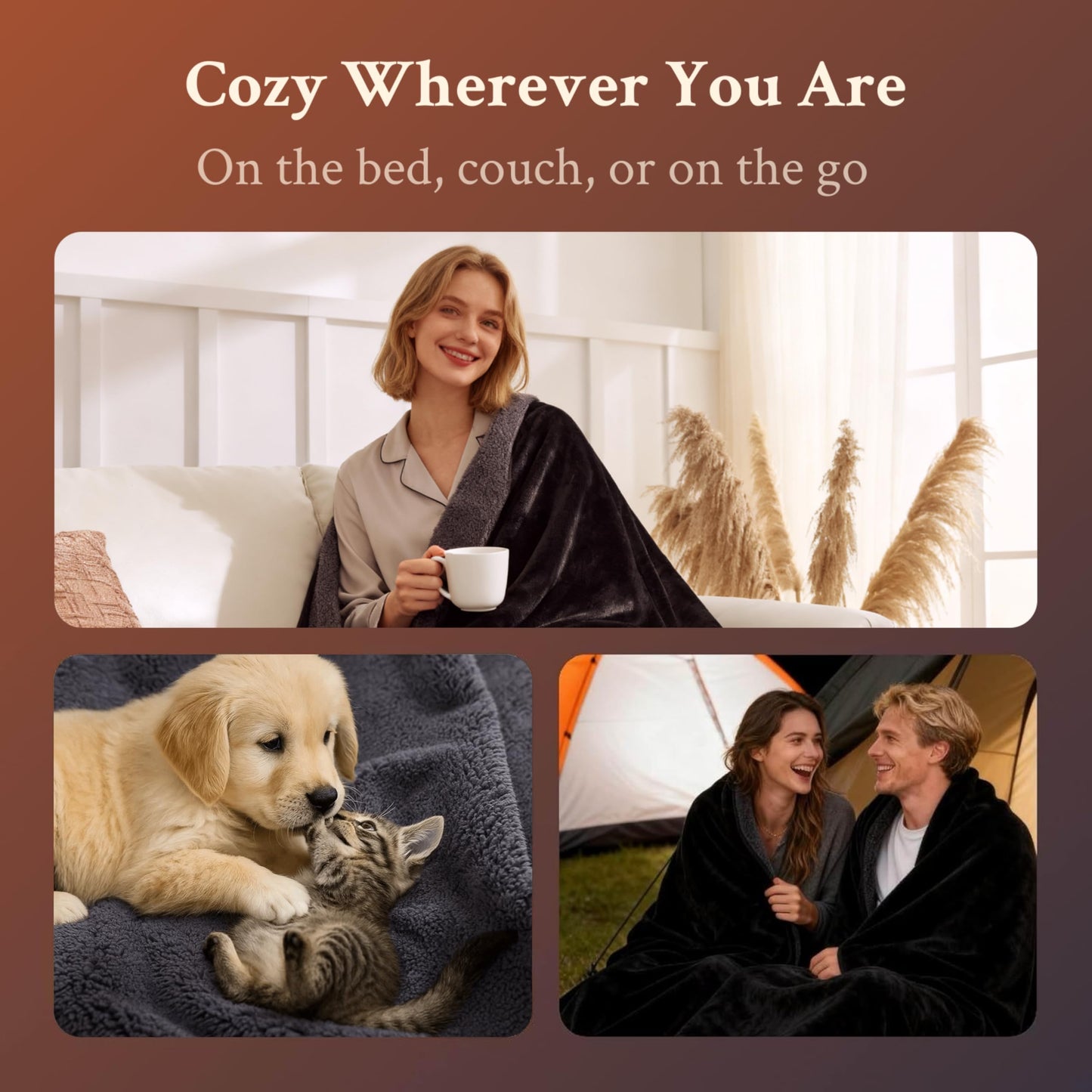 DouxDosy Waterproof Blanket for Bed - King Sized (80"x90") Plush Water Proof Blanket to Protect Furniture, Stain Resistant, Leak-Proof, Double-Sided Flannel & Sherpa Fleece, Reversible Black & Grey