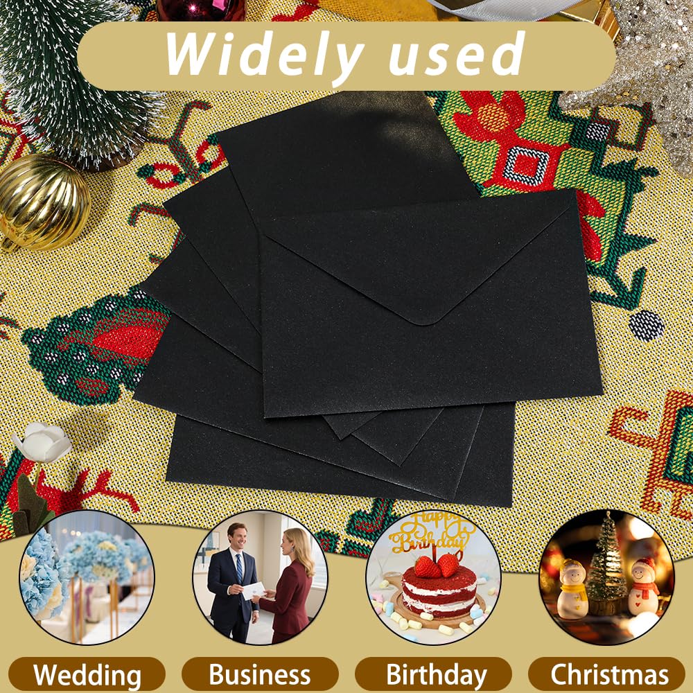UoeRing Bulk 5x7 Self-Sealing Black Envelopes 250 Pack - A7 (5.31×7.67in) Premium 120g Pearl Glitter Paper - Printable & Writable for Wedding, Party Invitations - Includes Gold Sealing Stickers