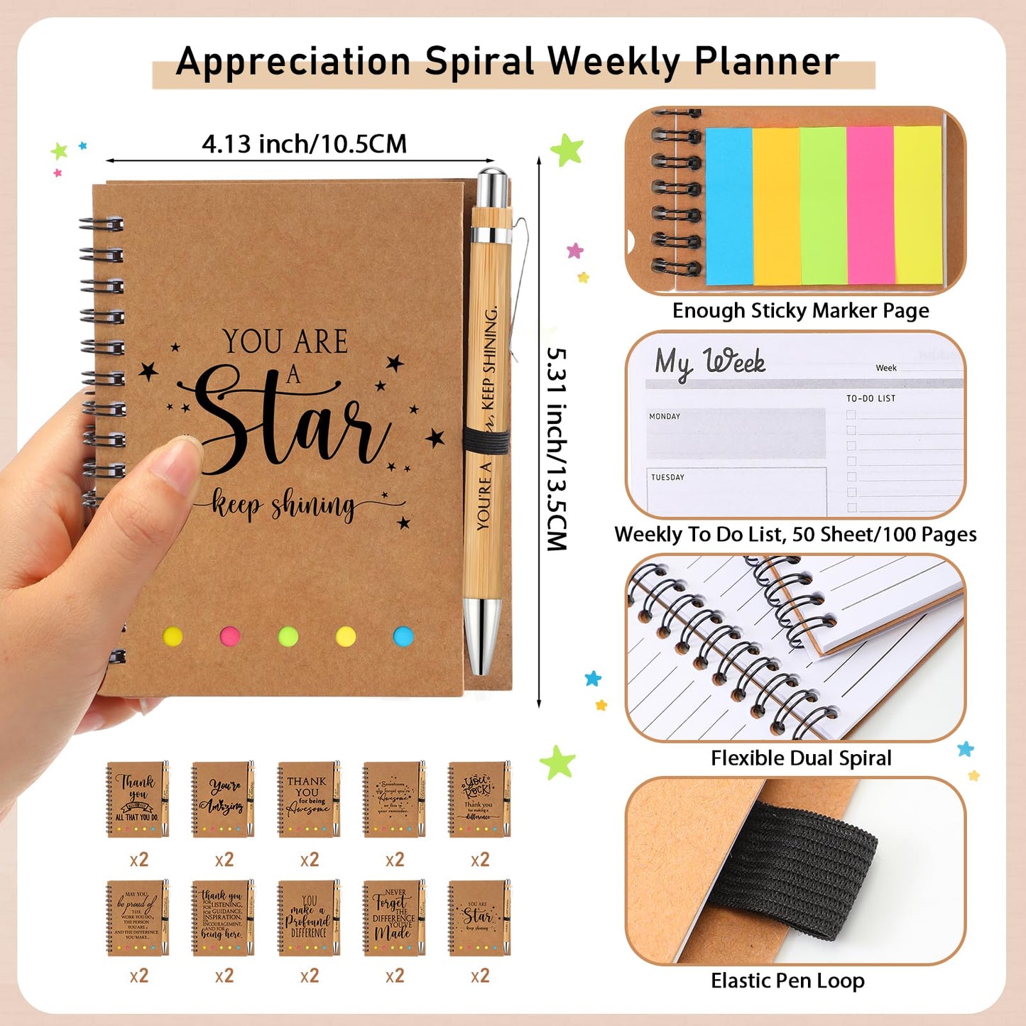 Tellingyou 20 Set Employee Appreciation Gift Bulk Inspirational Spiral Notebook with Motivational Pen Sticky Note End of Year Thank You Gift for Teacher Nurses Volunteer Birthday Graduate Party Favor