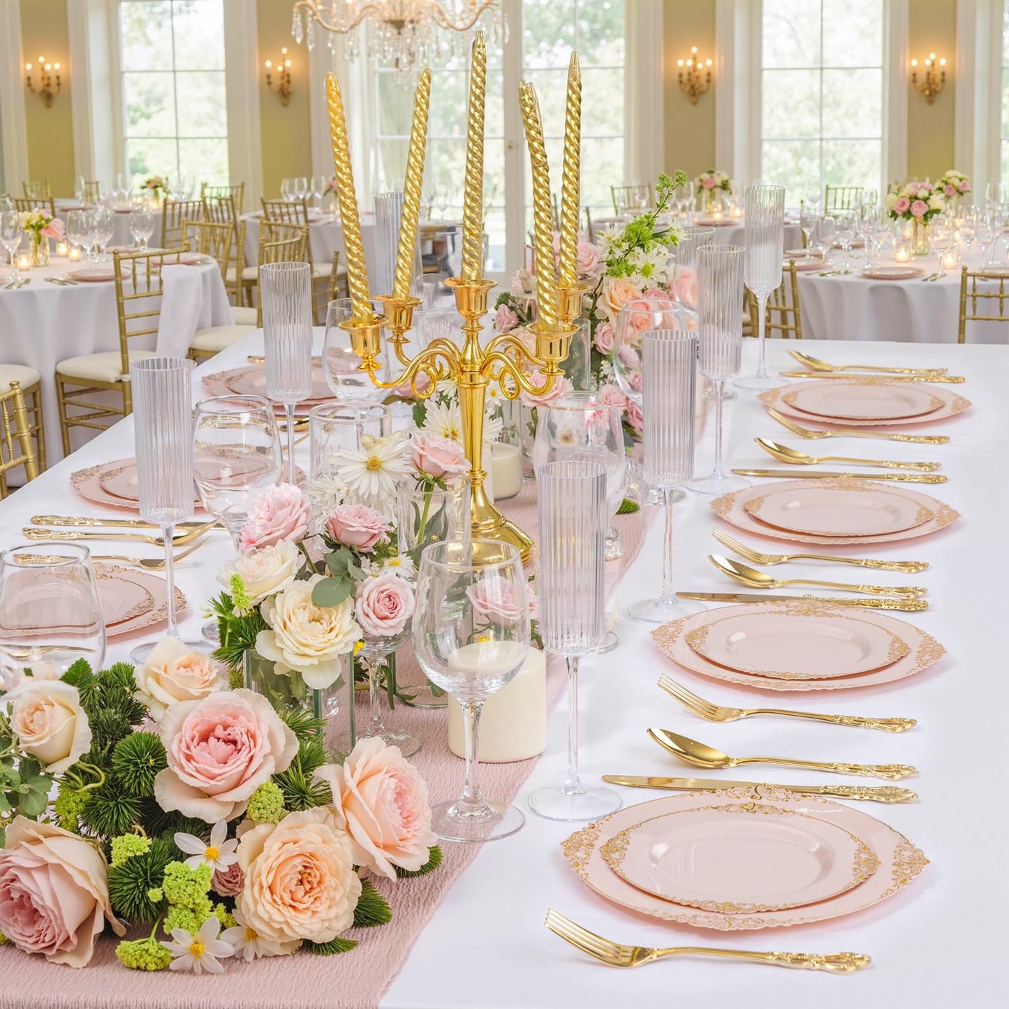 Joyido 200PCS Pink and Gold Plates - Pink Plastic Plate - Fancy Disposable Plates with Gold Rim - Vintage Wedding Dinner & Dessert Plate for 100 Guests for Wedding & Bridal Shower