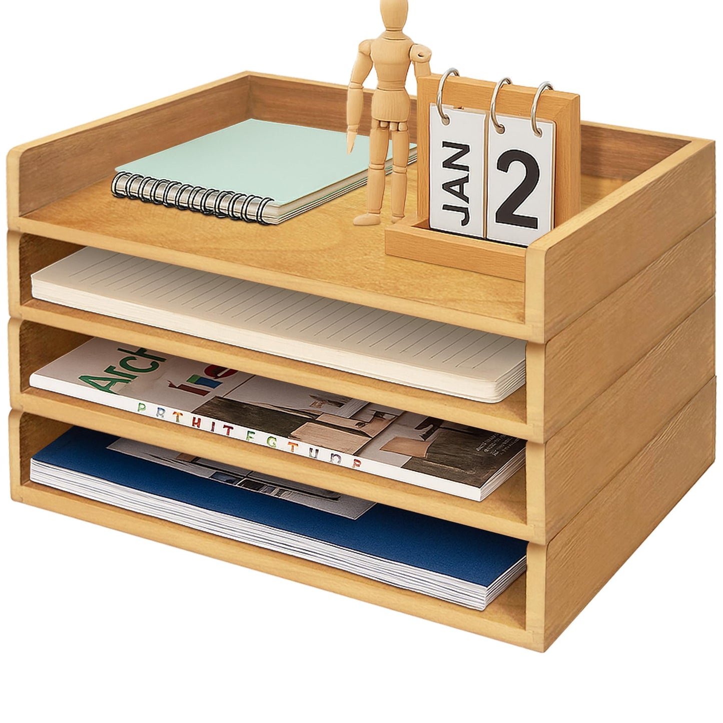 PROLEE Wooden Paper Tray Organizer for Desk, Stackable Paper Holder and Letter Tray, 4-Tier Desktop File Storage Rack for Study,Home and Office (Oak, 14" x 9.5" x 2.5")