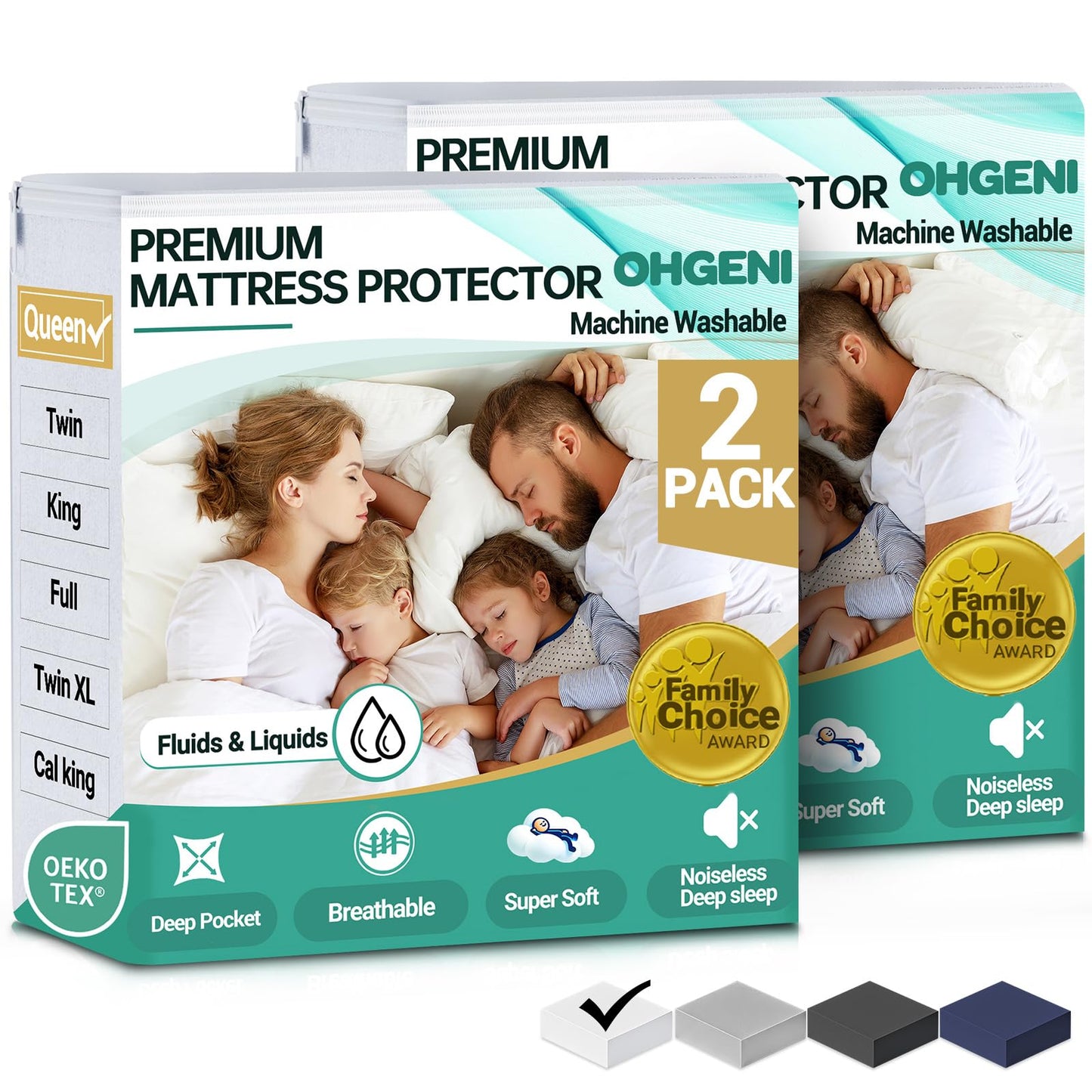 OhGeni 2 Pack Queen Size Mattress Protector, 100% Waterproof, Fitted Sheet with Deep Pockets, 6''-18'', Premium Noiseless Breathable Soft Material, Mattresses Cover for Bed