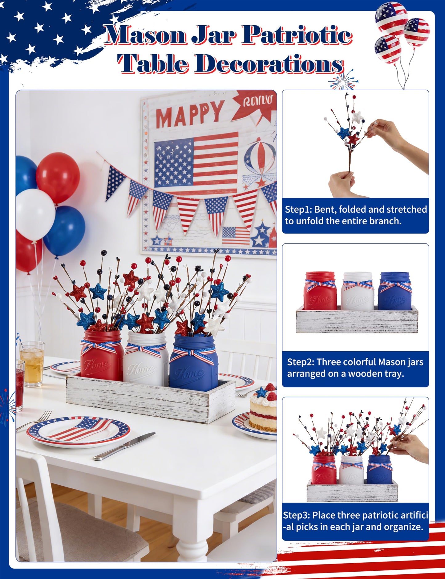 KIVIVO 4th of July Table Decorations, Mason Jar Memorial Day Decor with Artificial Picks, Fourth of July Patriotic Table Centerpieces, 10 Pcs Red White and Blue Independence Day Decorations for Home