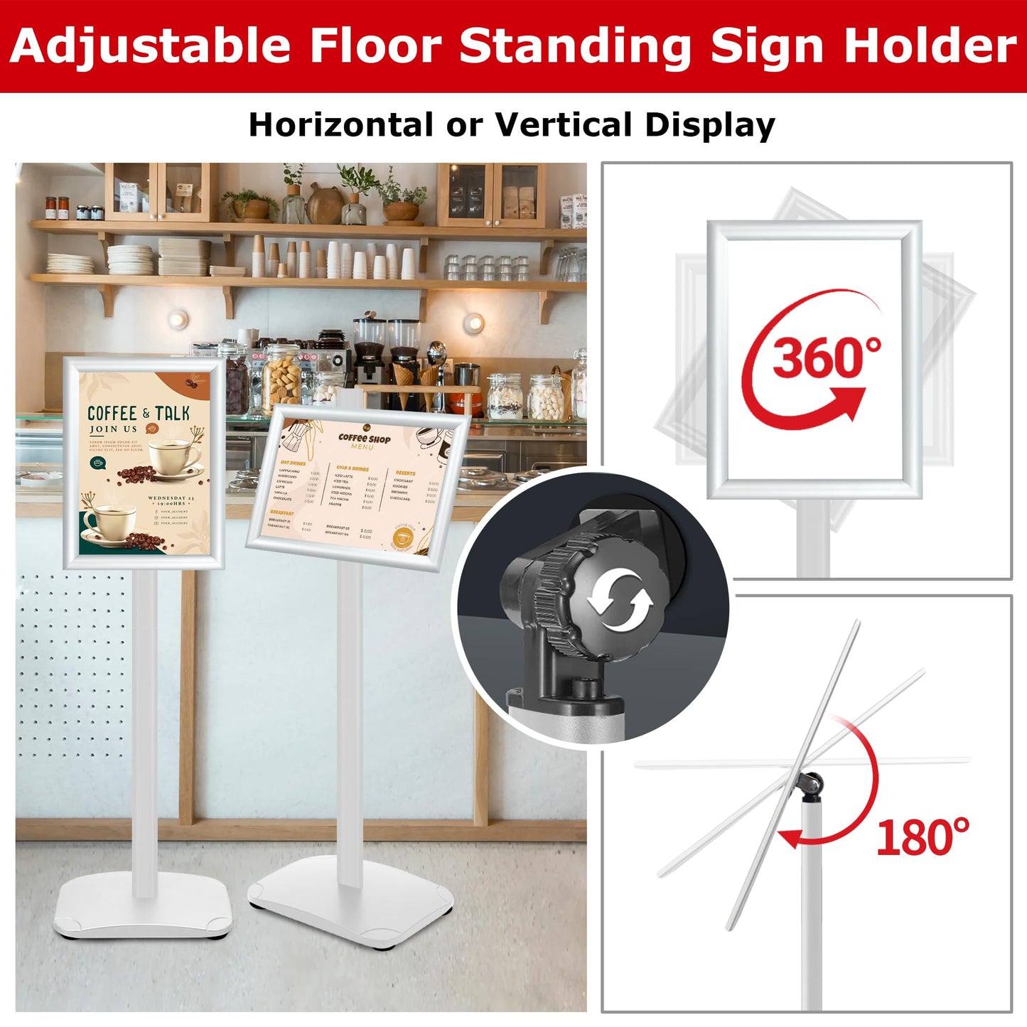 VAIIGO Heavy Duty Standing Sign Holder 8.5x11 Inch - Pedestal Floor Sign Stand with Weighted Base - Vertical & Horizontal View Poster/Menu Holder for Indoor/Outdoor Business Store Advertising, Silver