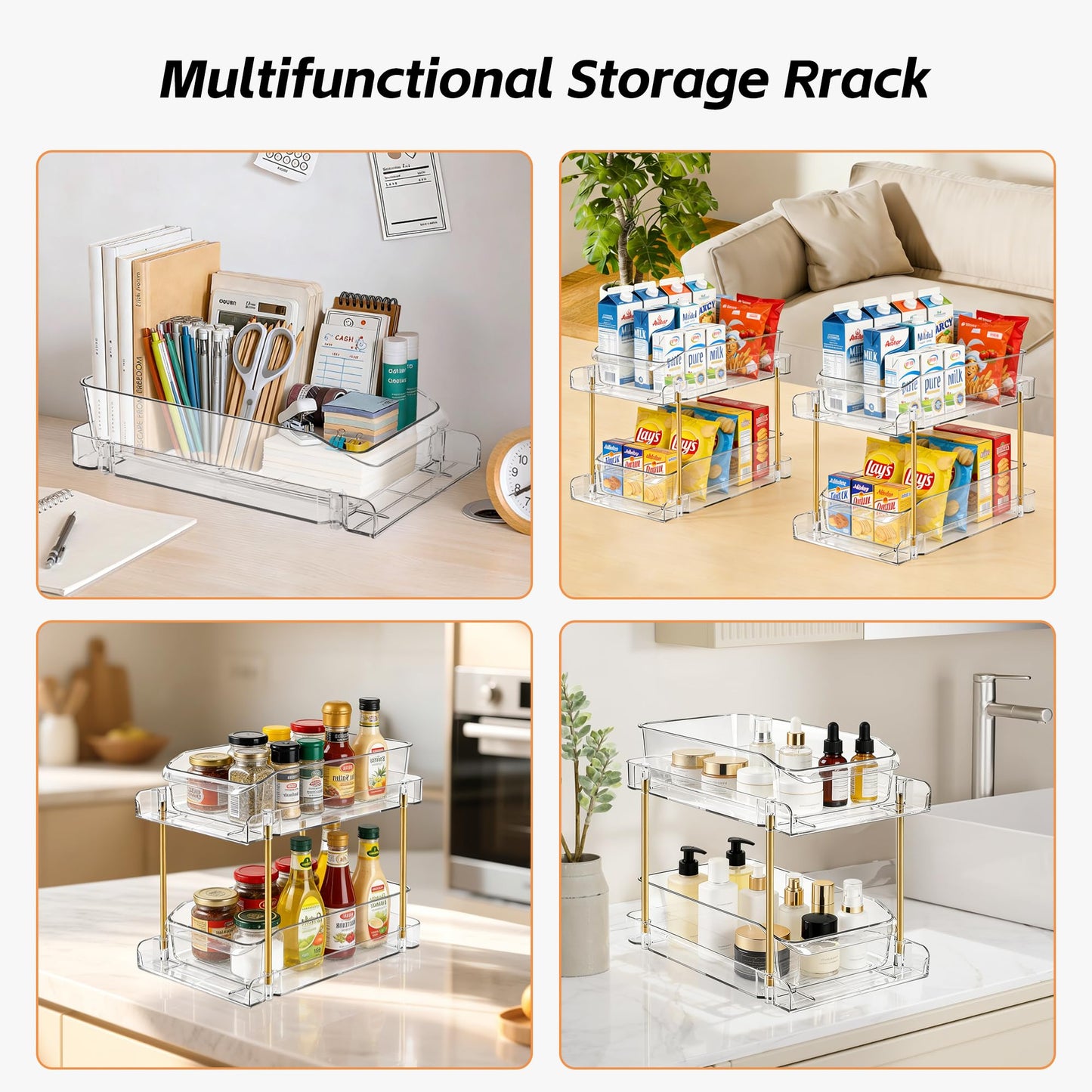 LAREKUN4pack 2-Tier Organizer & Storage Unit Stackable Bathroom Cabinet Organizer Pull-Out Kitchen Pantry Organizer & Storage System Suitable for Countertops, Pantries, Kitchens, Bathrooms