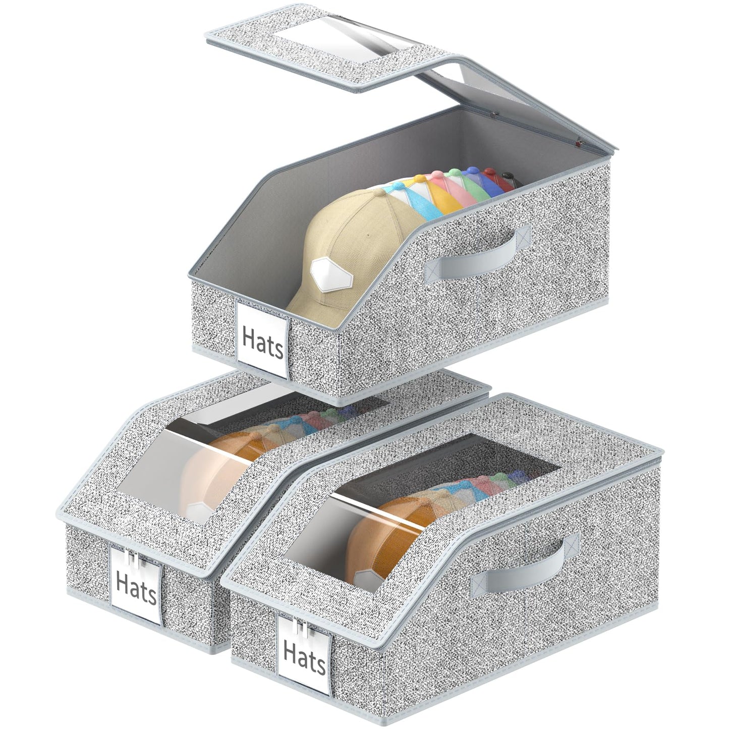 3 Pack Stackable Hat Organizer for Baseball Caps, Hat Storage with Clear Window Lid, Holds up to 45 Ball Cap Storage Organizer, Foldable Hat Box Holder with Cardboard, for Closet Bedroom Shelf(Grey)