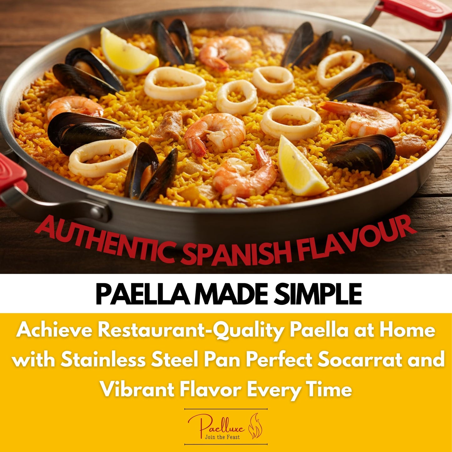 Paelluxe 13 Inch Tri-Ply Stainless Steel Paella Pan with Lid for 6 Servings - Includes Hot Handle Holders - Induction, Oven and Dishwasher Safe Skillet, Indoor Outdoor Cooking Cacerola Paellera Sarten