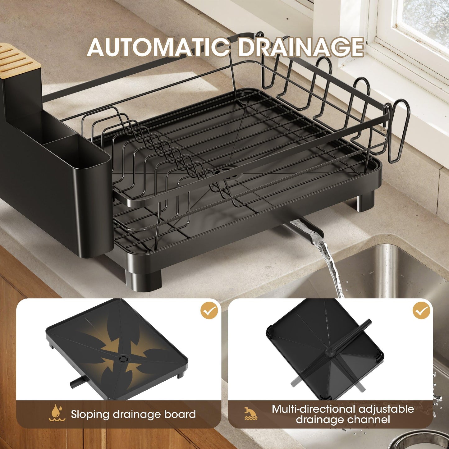 Runnatal Dish Drying Rack, Stainless Steel Dish Rack with Drainboard for Kitchen Counter and Sink, Large Capacity Dish Drainer, Detachable 2-in-1 Utensil Holder, Cup Holder, Black