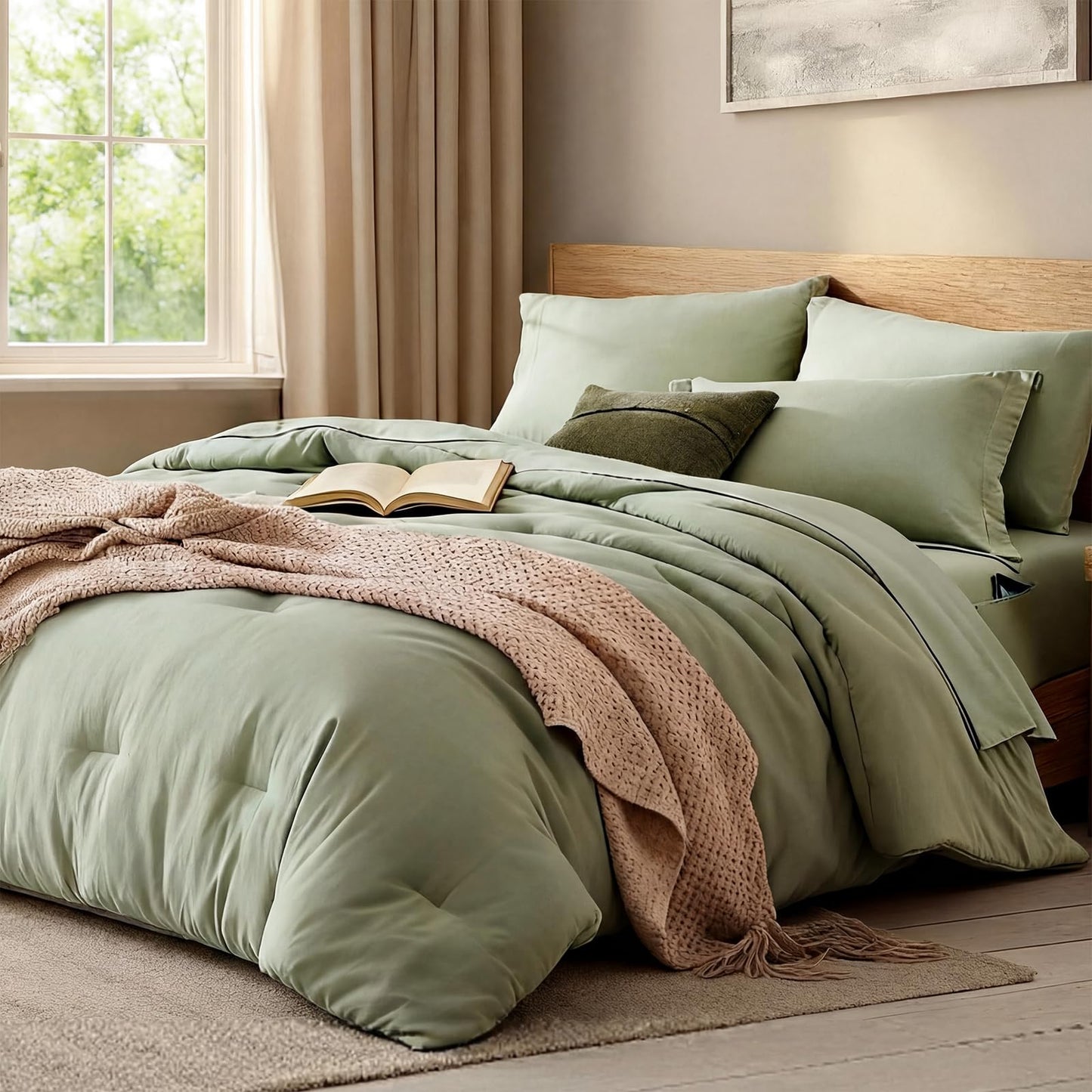 WRENSONGE Full Size Comforter Sets- 7 Pieces Sage Green Bed in a Bag Full Size Bedding Sets with Fitted Sheet, Flat Sheet, 2 Pillow Shams, 2 Pillowcases