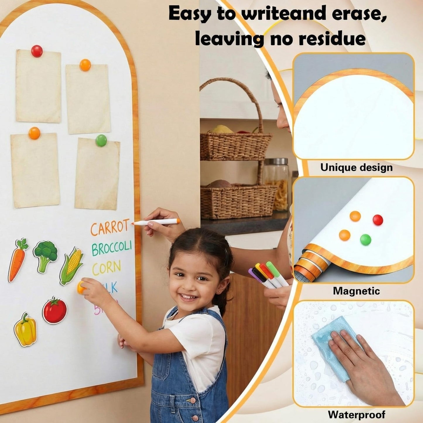 FunooFuno 2 Pcs Magnetic Wall Arch Decal 40"x 18" White Magnetic Wall Whiteboard with Wood Grain Borders Adhesive Magnet Dry Erase Board Sticker for Home Offices Classrooms