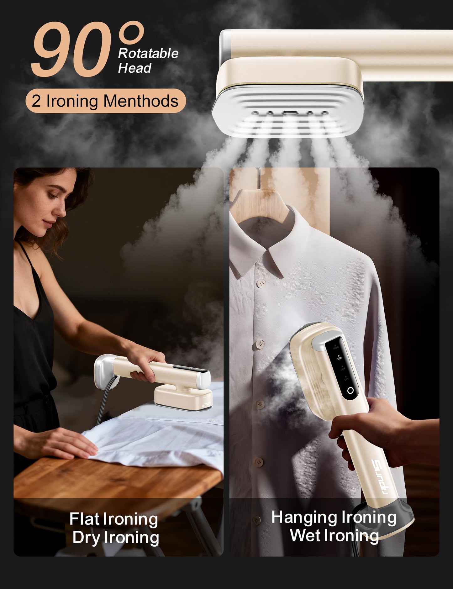 Sundu Travel Steamer for Clothes, Portable Handheld Garment Steamer, 15s Fast Heat-up, 2 Water Tanks (180 ml +100 ml), 25 Minutes of Continuous Ironing for Travel,Home Pale Gold