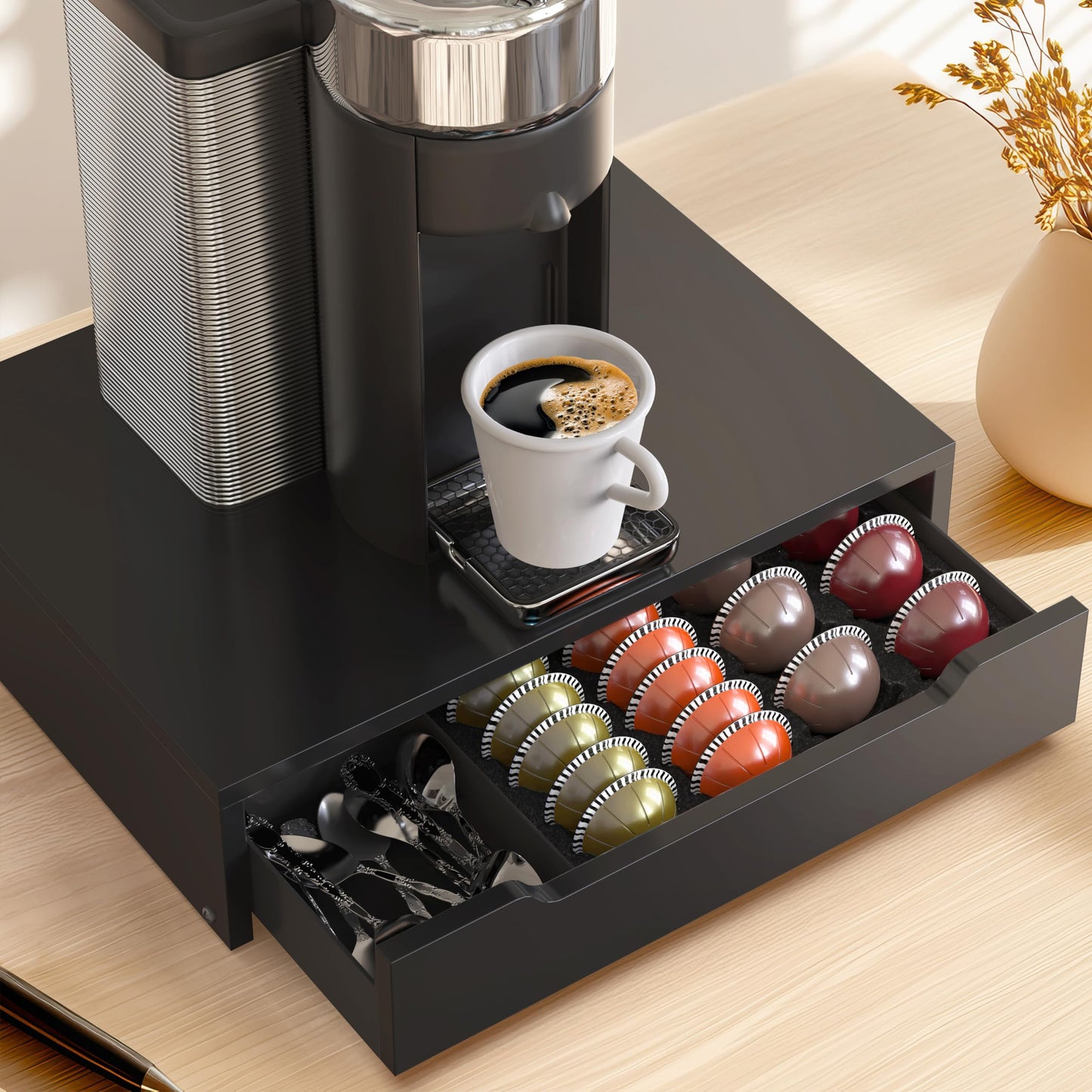 Deco Brothers Vertuoline Pod Holder Drawer with Adjustable Divider, Compatible with Nespresso 40 Small or 20 Large Capsules Coffee Bar Station, Wood Top Stand with Side Storage for Accessories, Black