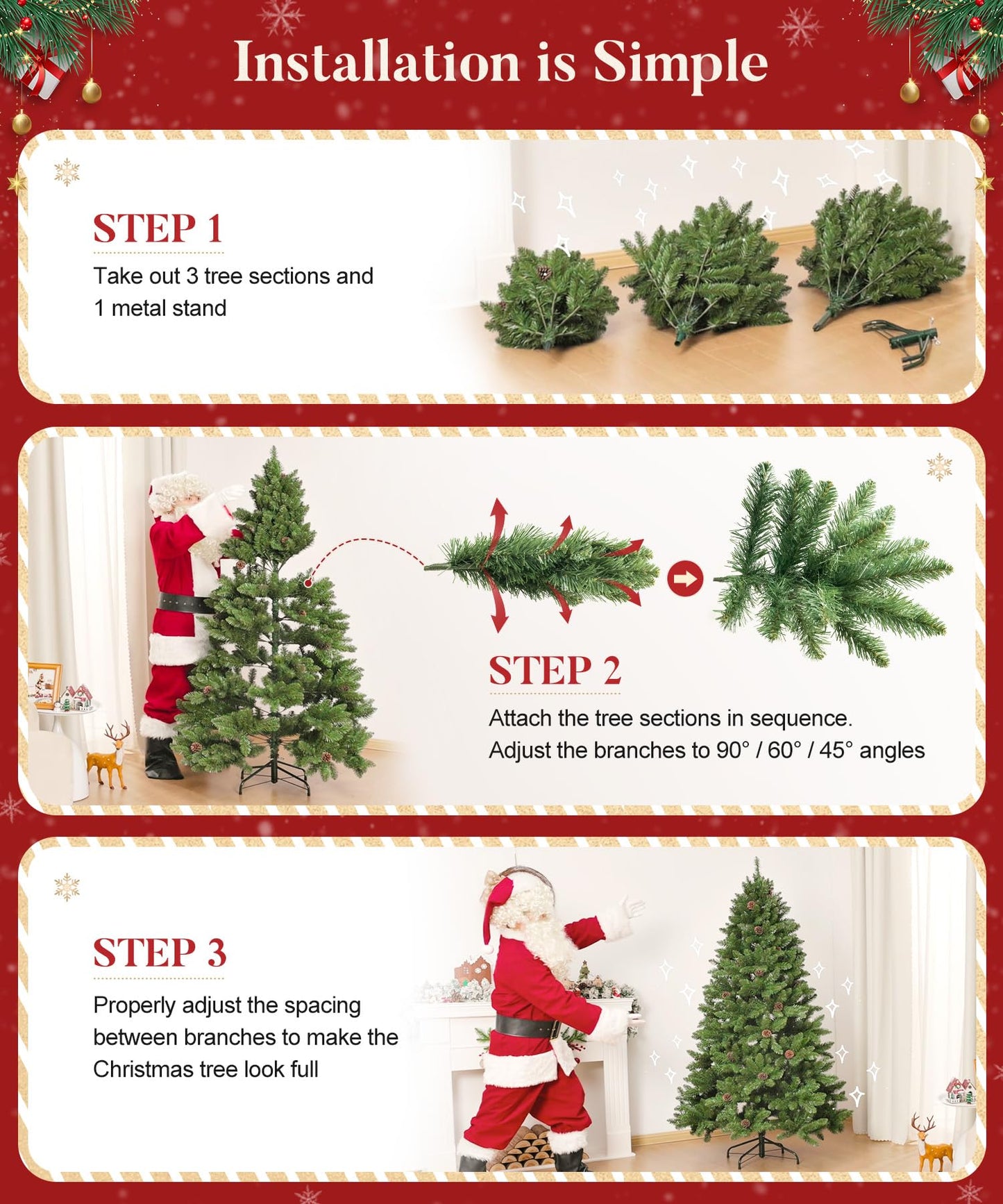 Decoway 6FT Artificial Christmas Tree: Unlit Green Xmas Pine with Pinecones and Metal Stand for Indoor - Holiday Decoration for Porch Living Room Easy Assembly