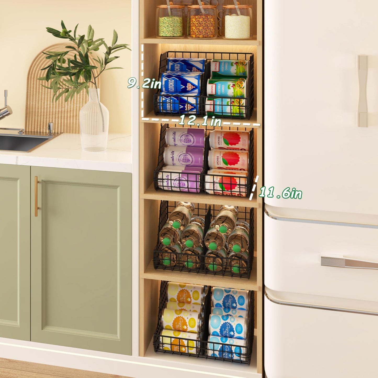 Stackable Soda Can Organizer Stores Up to 72 Cans, 4-Pack Can Storage Organizer for Pantry Shelves, 4-Tier Kitchen Can Holders with 4 Adjustable Dividers, Wire Drink Organizer for Pantry Cabinet Shelf