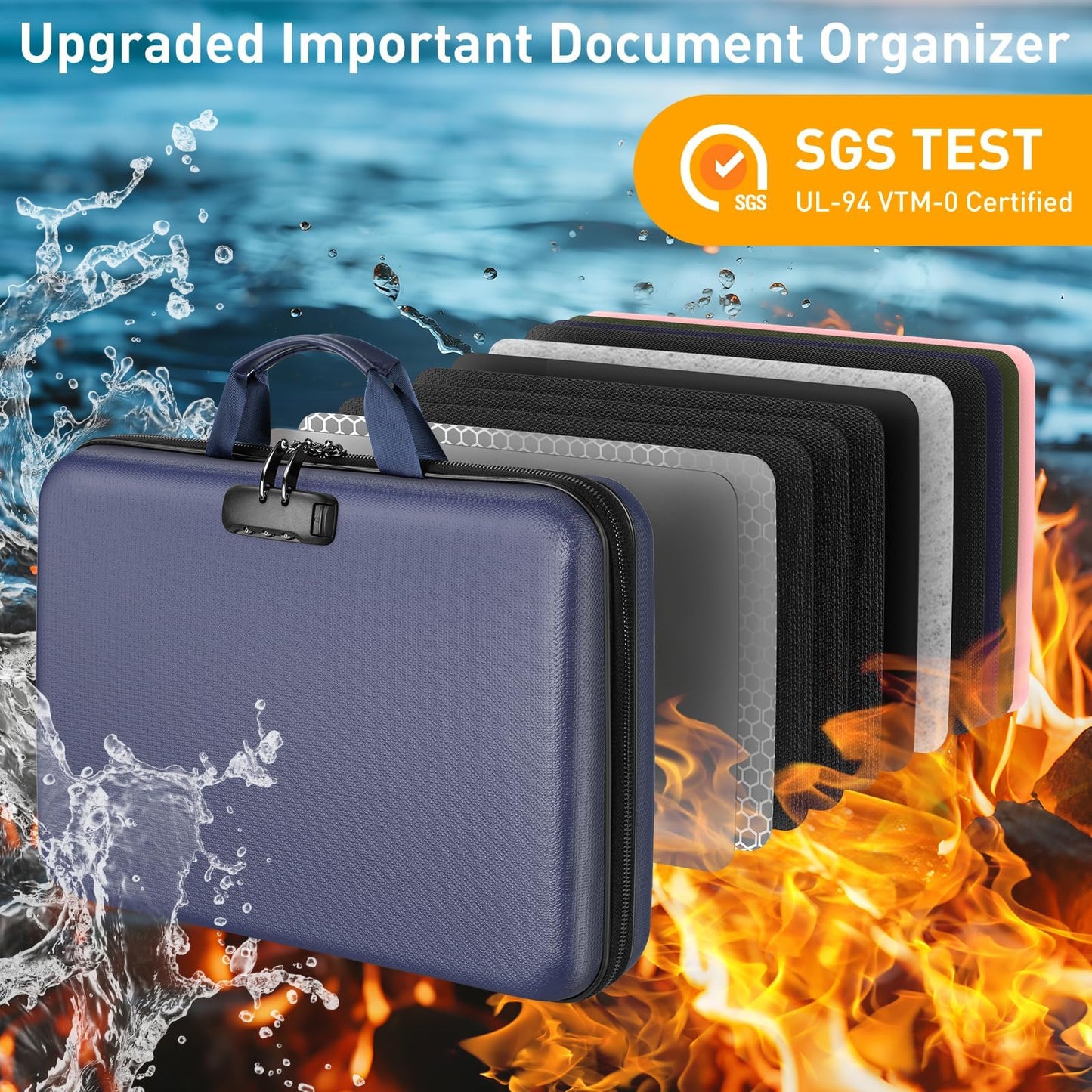 Fireproof Document Organizer Bag, 5200℉ File Organizer Safe Box, Hard Shell Document Bag with 13 Pocket Accordion File Folder (5200℉-Blue)