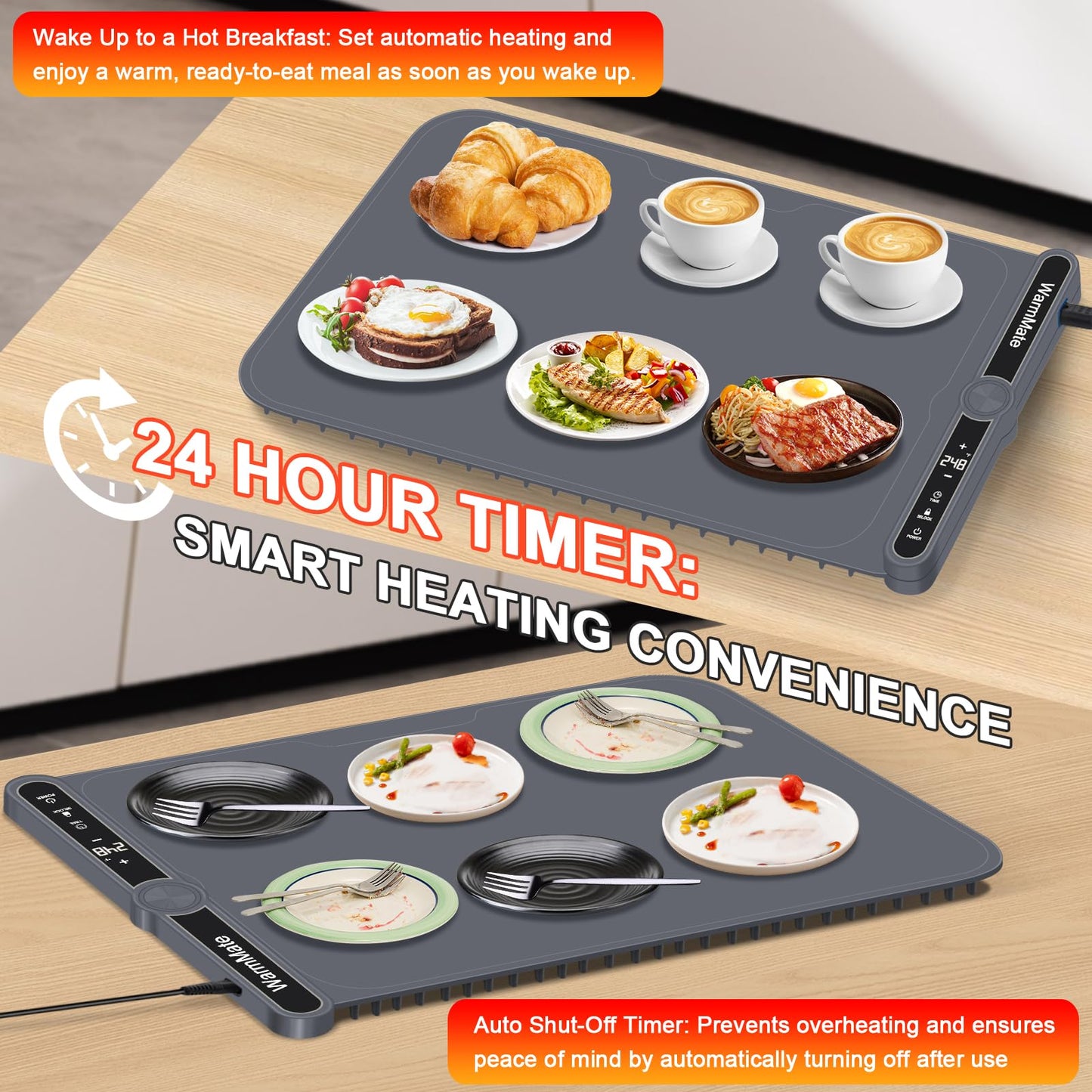 WarmMate Food Warming Mat，Electric Warming Tray with 9-Level Temperature Precision Control, 6H Timer,8s Full Surface Rapid Heating, Ideal for Buffets, Parties & Gatherings (Roll-Up Design，Dark Grey)