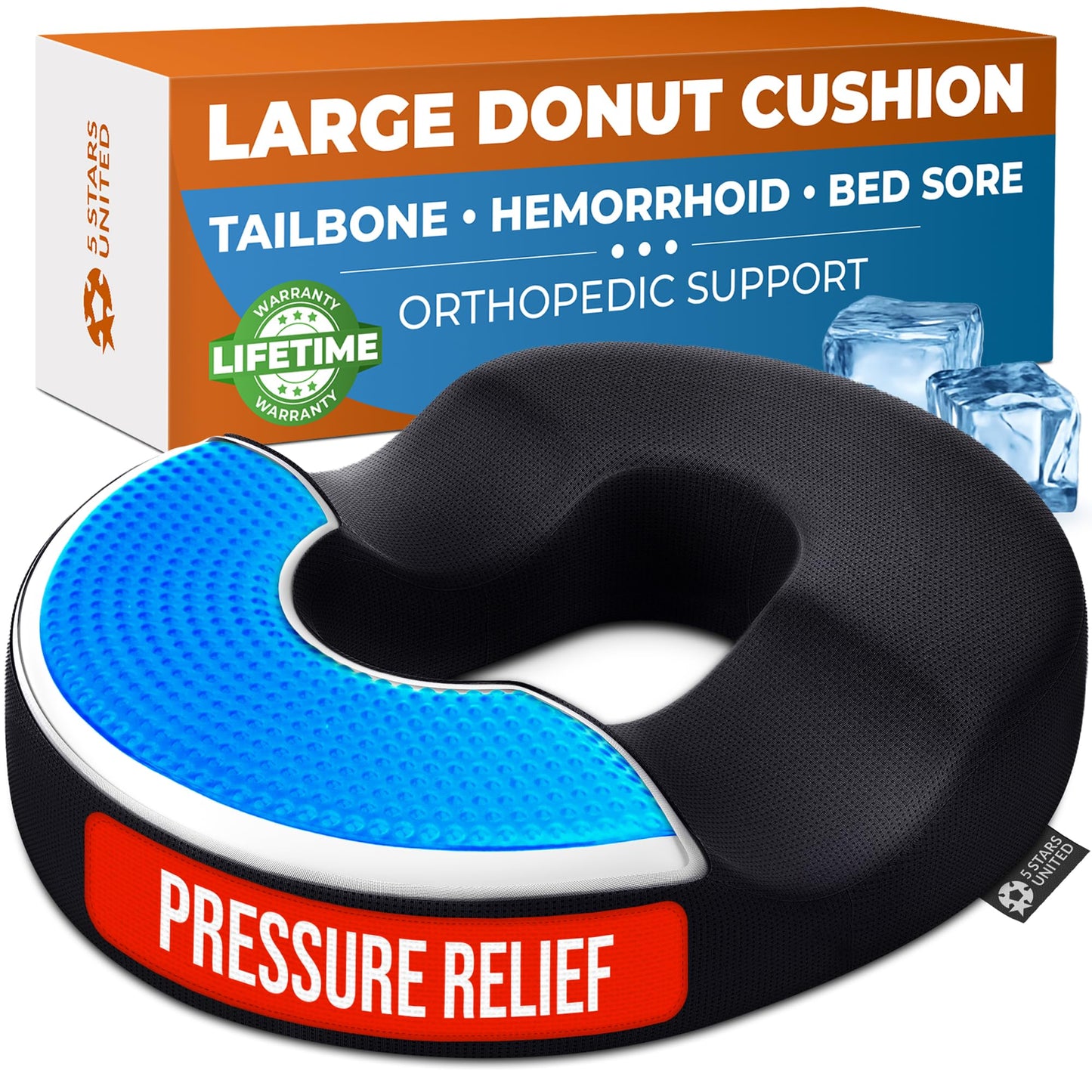5 STARS UNITED Donut Pillow Hemorrhoid Tailbone Cushion – Large Floor Cushion for Pain Relief – Coccyx, Prostate, Sciatica, Pelvic Floor, Pressure Sores, Pregnancy, Postpartum Recovery, Arctic Black