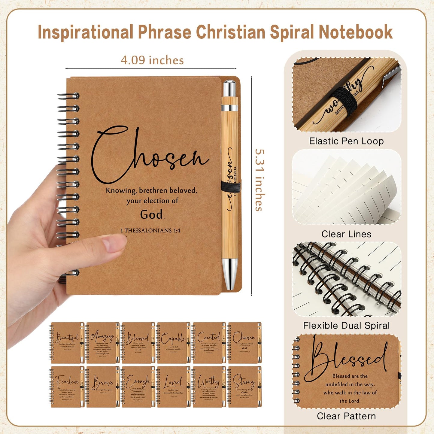24 Sets Christian Gifts Bulk Fathers Day Inspirational Bible Verse Spiral Notebook Religious Bamboo Ballpoint Pen Journal with Scripture for Church Sunday School Teacher Graduation Pentecost (Brown)