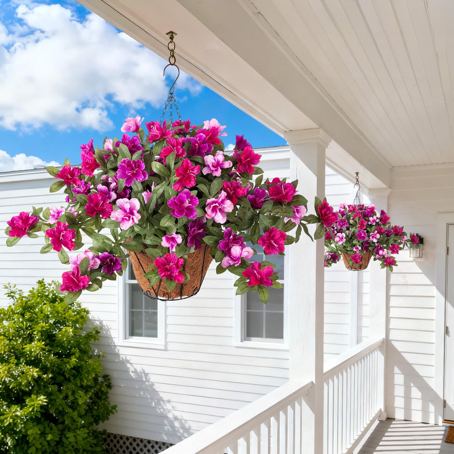 Ammyoo Artificial Hanging Flowers for Outdoors Hanging Baskets, 3 Pcs Fake Silk Flower with Hanging Baskets Planter for Spring Summer Garden Porch Patio Yard Outside Decor