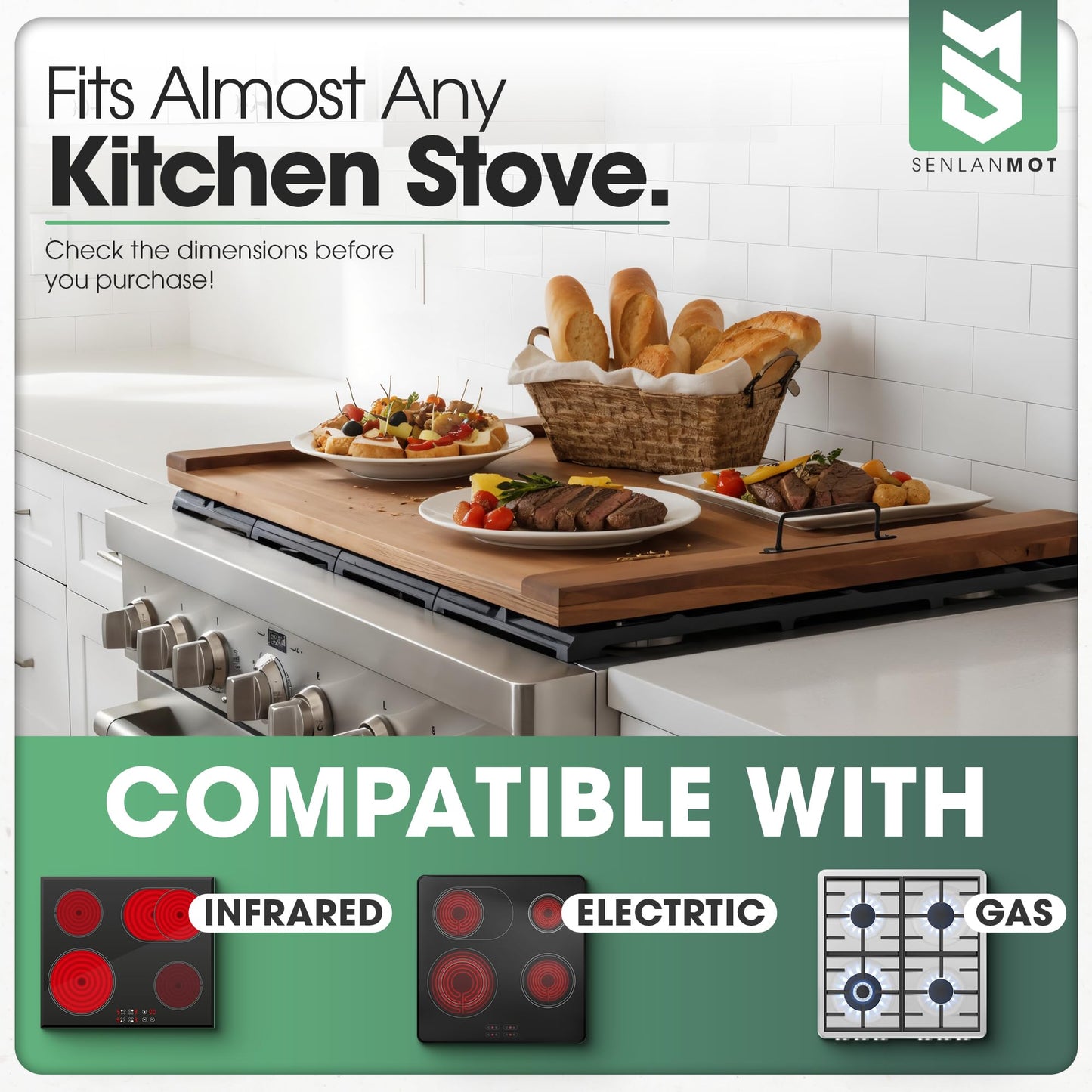 SenlanMot Electric & Gas Stove Top Cover Noodle Board – Large Pine Stovetop Cover & Decorative Tray with Handles – Multi-Functional Kitchen Cutting Board & Modern Home Accessories 30.3"x21.7" (1 Pc)