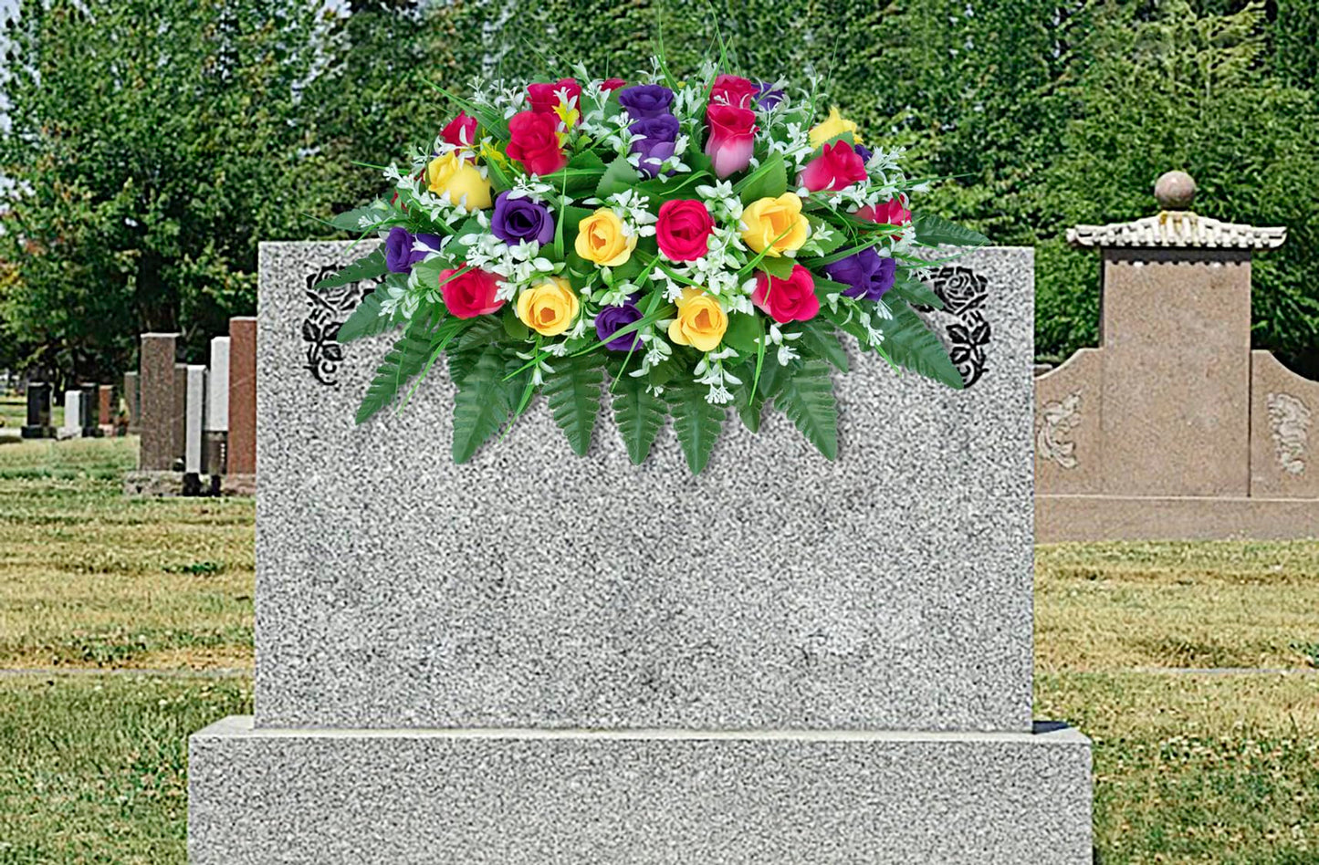 LVXINLI Artificial Cemetery Flowers Saddle-Shaped Tombstone Decorations Non-Fading UV-Resistant（Yellow+Purple+Brilliant Red Saddle）