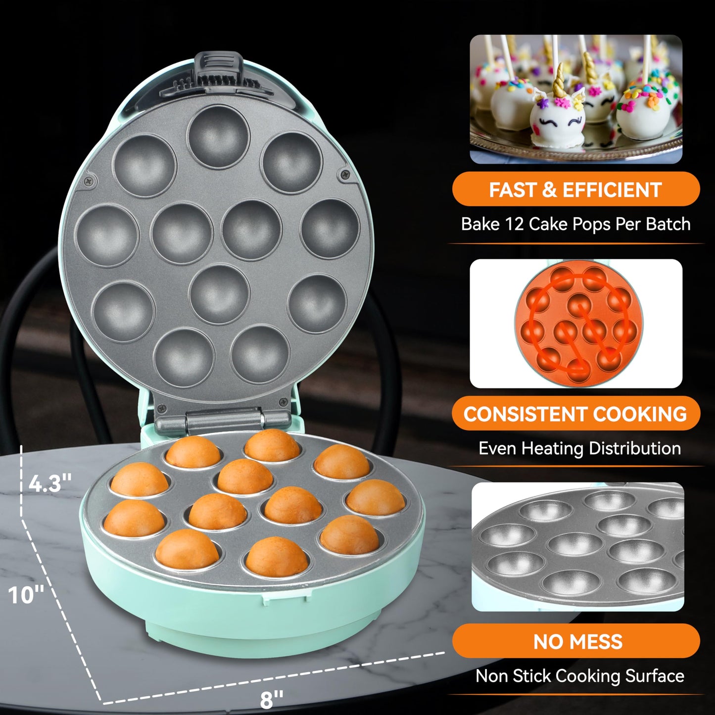 Baker's Friend Cake Pop Maker Machine Set with Cake Pop Stand, Sticks & Fork Tool, 12 Cake Pops Capacity, Aquamarine