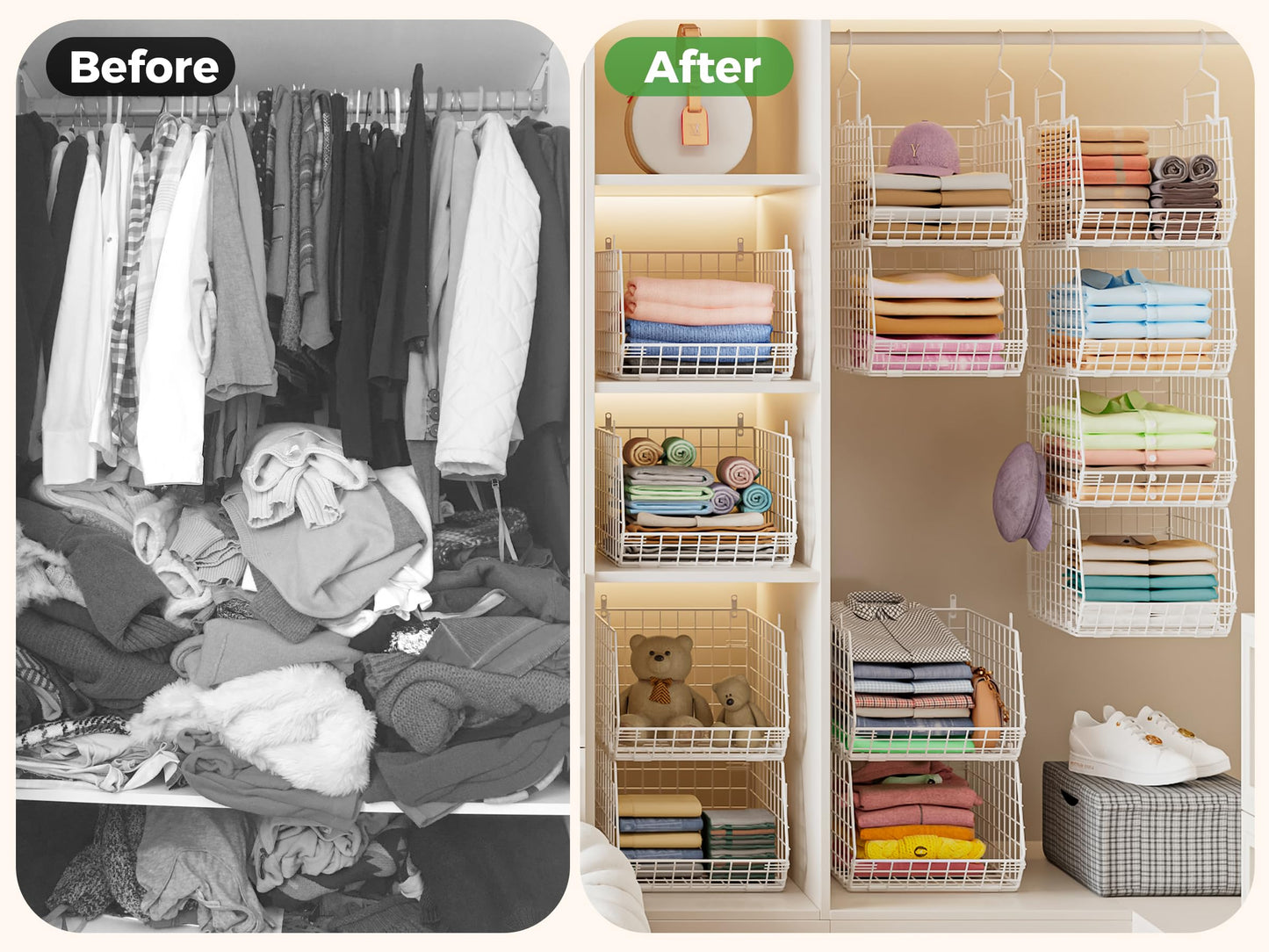 4" Extra Deeper Foldable Hanging Closet Organizer, Small Wire Cabinet Shelves and Storage with 5 S Hooks,4 Tier Metal Basket Bins for Clothes Sweaters Handbags, Wardrobe for Kitchen Laundry Room，White