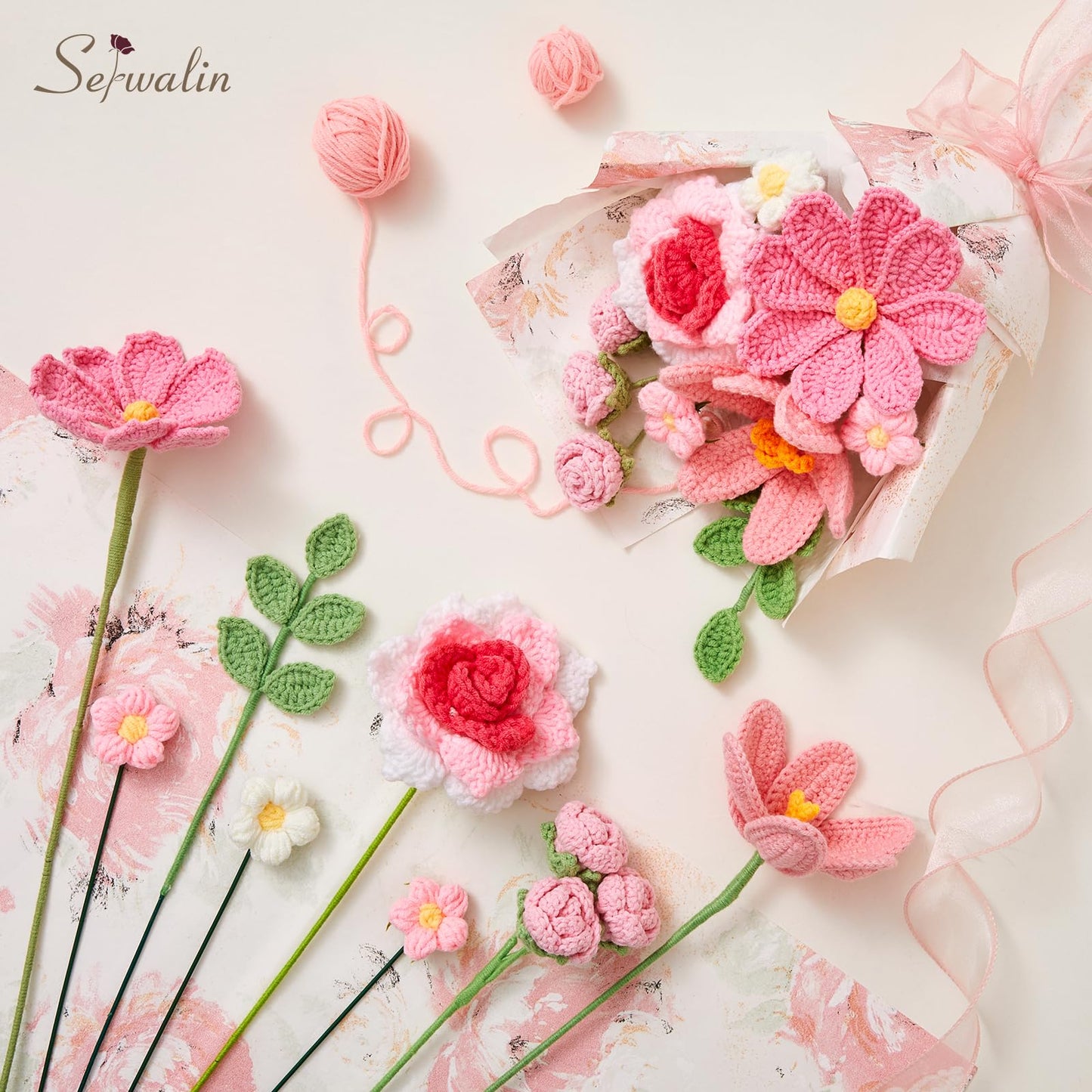 Serwalin Crochet Flower Bouquet, Pink Handmade Knitted Flowers, Crochet Tulips Galsang Flowers for Mother's Day Graduation Teacher Anniversary Birthday for Her, Girlfriend, Wife(Include Card)