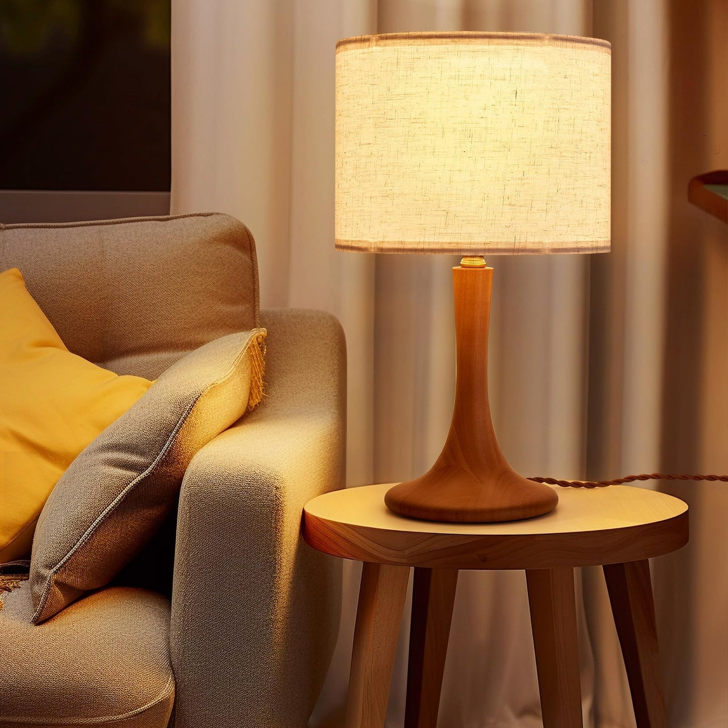 NUSRAN Bedside Table Lamp for Bedroom, Nordic Plug in Fabric Shade & Solid Wood Base Desk Lamp, Plug & Play Natural Wood Nightstand Lamp for Living Room, Office, Switch Power Cord 【Bulb Not Included】