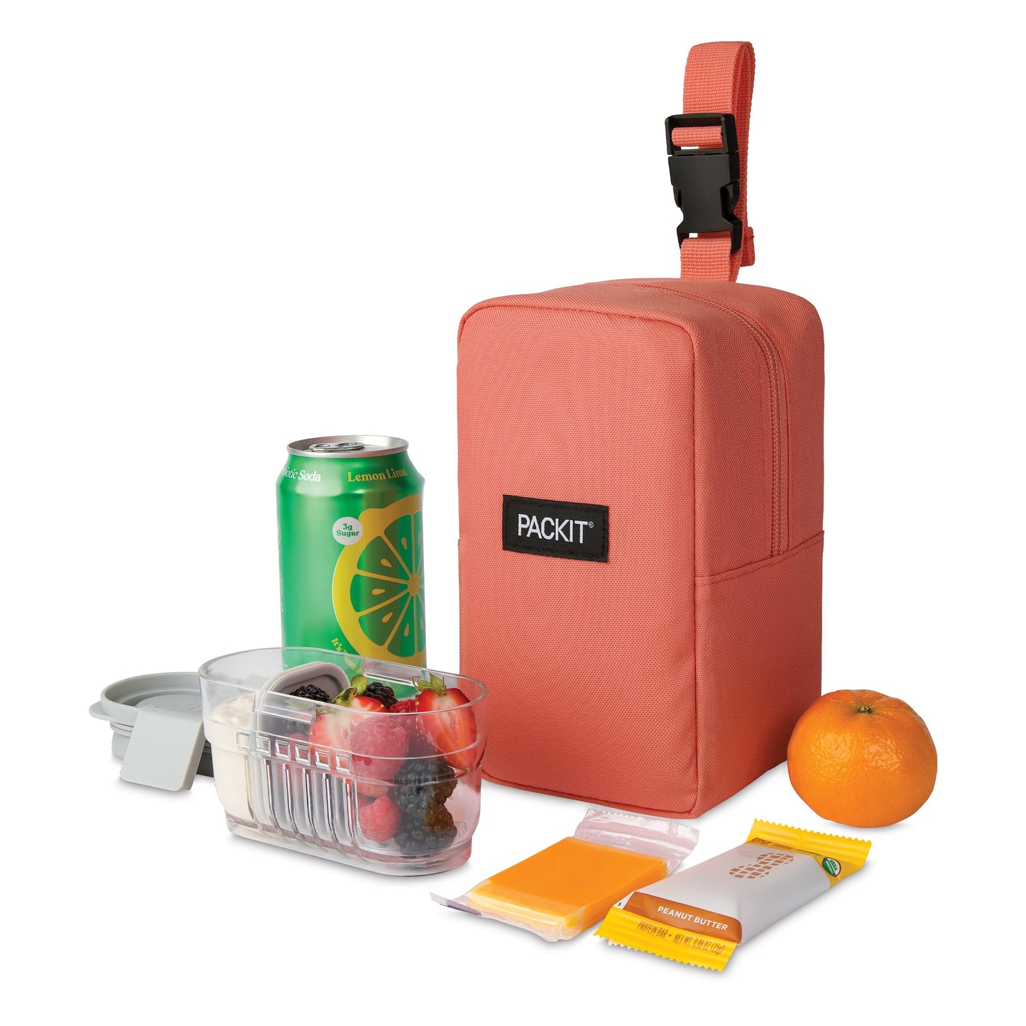 PackIt Freezable Upright Snack Box, Papaya, Built with EcoFreeze Technology, Fully Freezable, Collapsible, Reusable, With Top Buckle Handle and Top Load Design, For Perishable Snacks On the Go