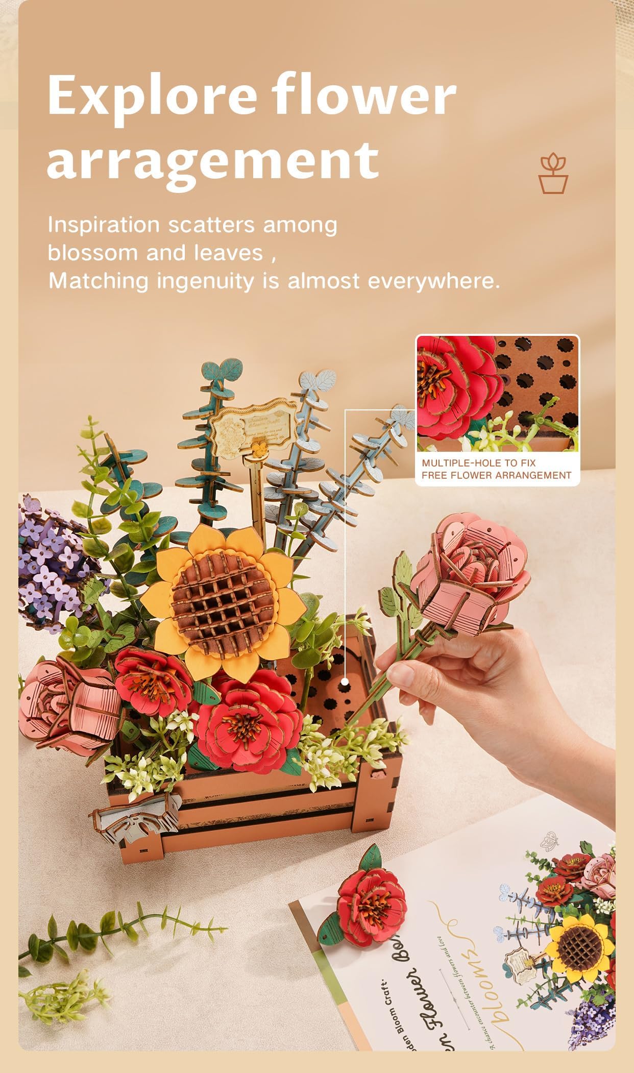 rowood 3D Puzzles for Adults,Mother's Day Wooden Flower Bouquet Building Set,DIY Artifical Flowers Botanical Collection,Adult Craft Kit as Christmas Birthday Valentine Gift-Wooden Bloom Box