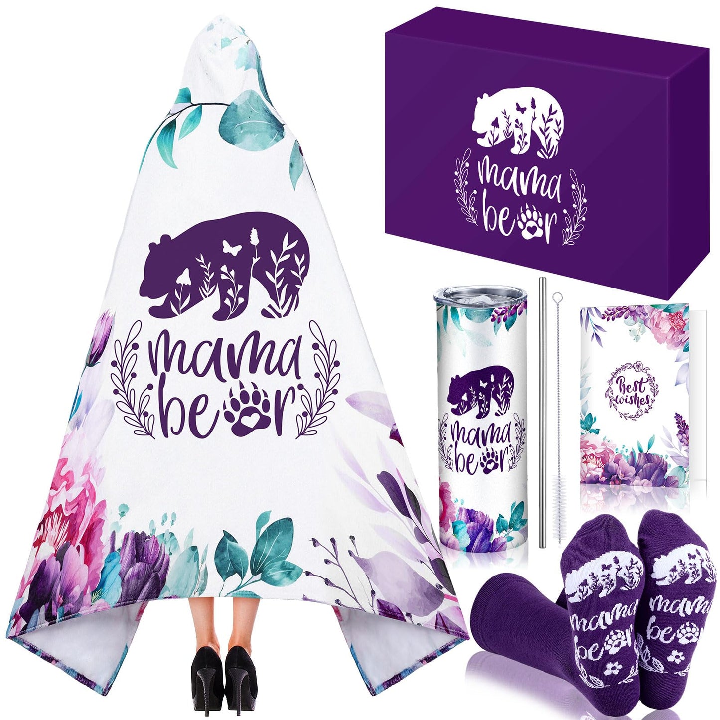 HunnmingRe 5 Pcs Mama Bear Gift Box Set for Mom Mother's Day, Birthday Purple Wearable Blanket Hoodie Tumbler Greeting Card Socks Gifts from Son Daughter Husband for Wife Women