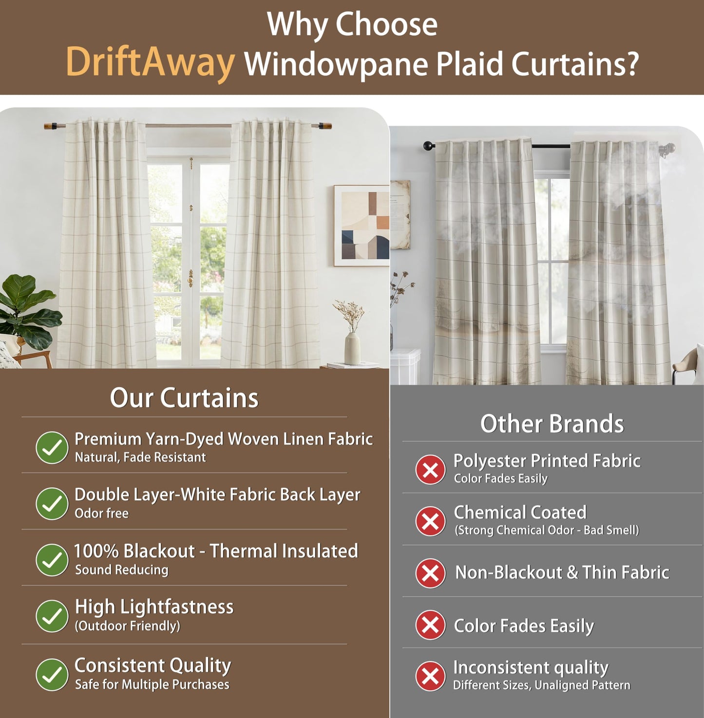 DriftAway 100% Blackout Windowpane Plaid Linen Curtains Double Layer Farmhouse Drapes 84 Inches Long for Living Room Bedroom Yarn Dyed Woven Thermal Insulated Rod Pocket Back Tab 2 Panels Taupe