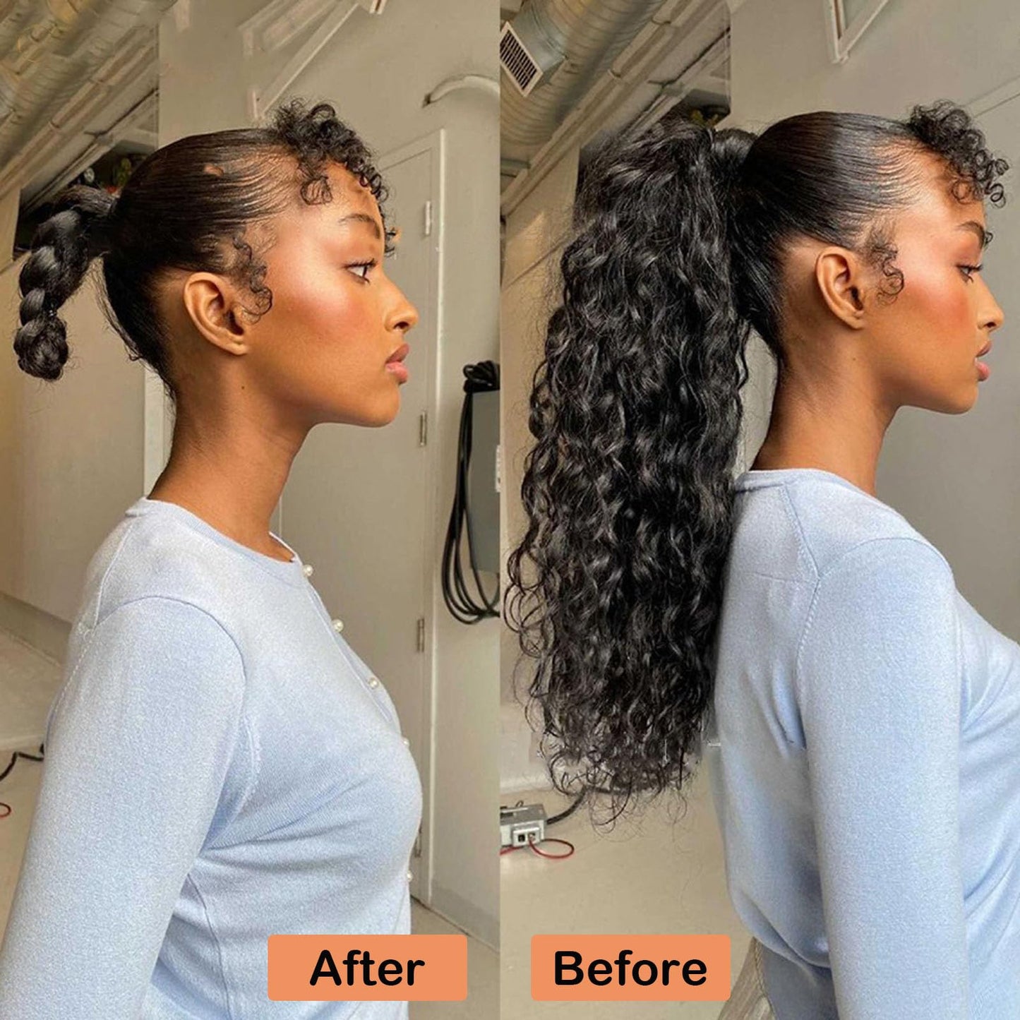 100% Human Hair Curly Drawstring Ponytail extension Water Wave, 12 inch 1B Natural Black Color, Afro Ponytail Brazilian Kinky Real Hair Ponytail Extensions For Black Women