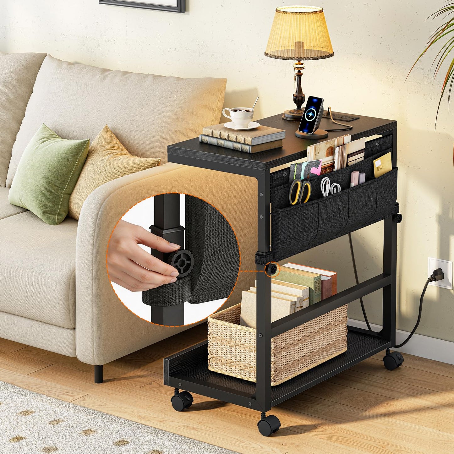 HOOBRO Computer Tower Stand, PC Stand with Charging Station, PC Tower Stand Height Adjustable Under Desk, Large CPU Holder Cart with Locking Casters & Storage Pockets, for Home Office, Bedroom BB72UCJ01