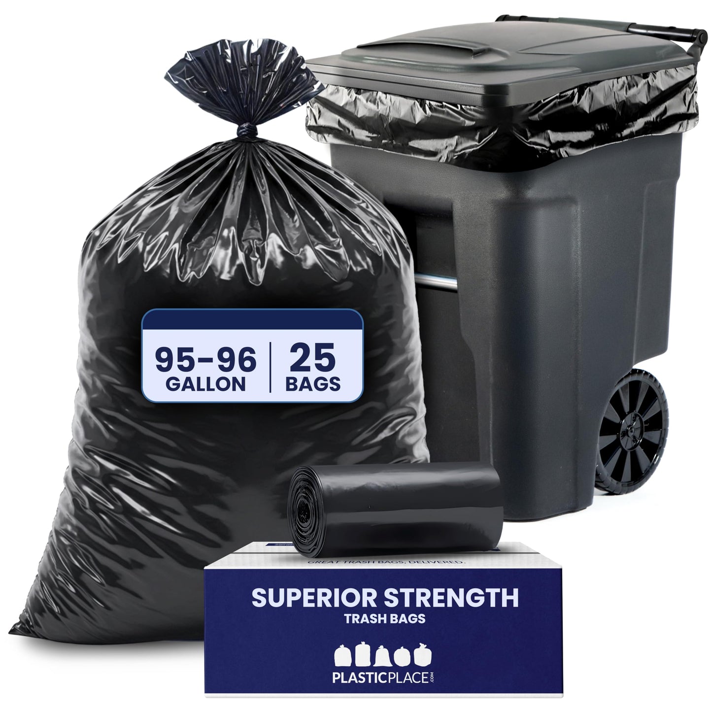 Plasticplace 95-96 Gallon Garbage Can Liners Heavy Duty 1.5 Mil Black Trash Bags Tear-Resistant Outdoor Garbage Bags for Rollaway Bins Large 61" x 68" Industrial-Strength Waste Bags (25 Count)