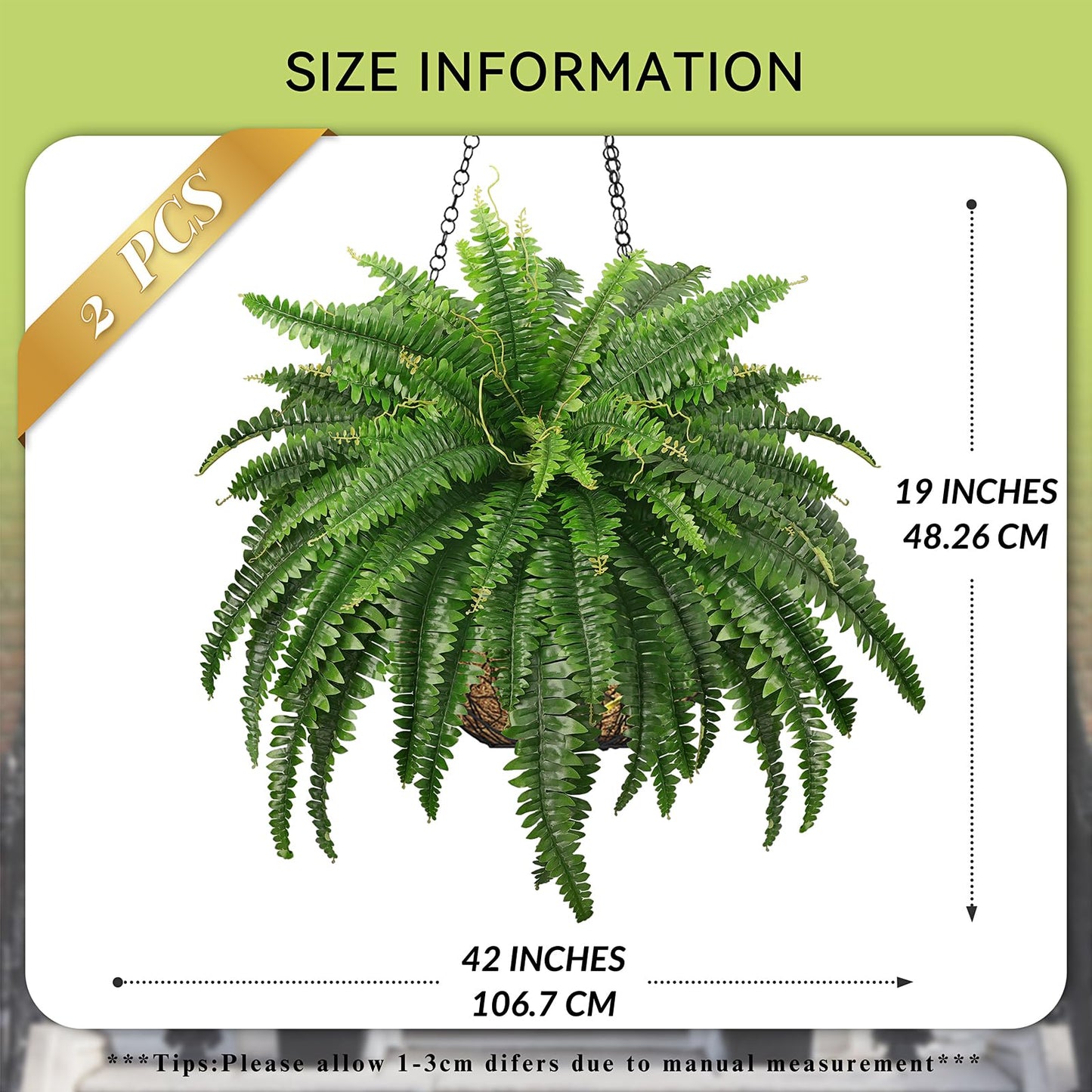 Richeerca Artificial Boston Ferns, 45IN Faux Ferns Artificial Plants, 2 Large Fake Bush Plants with 59 Fronds for Outdoors Patio Hanging Planter Hotel Lobby Home Decor