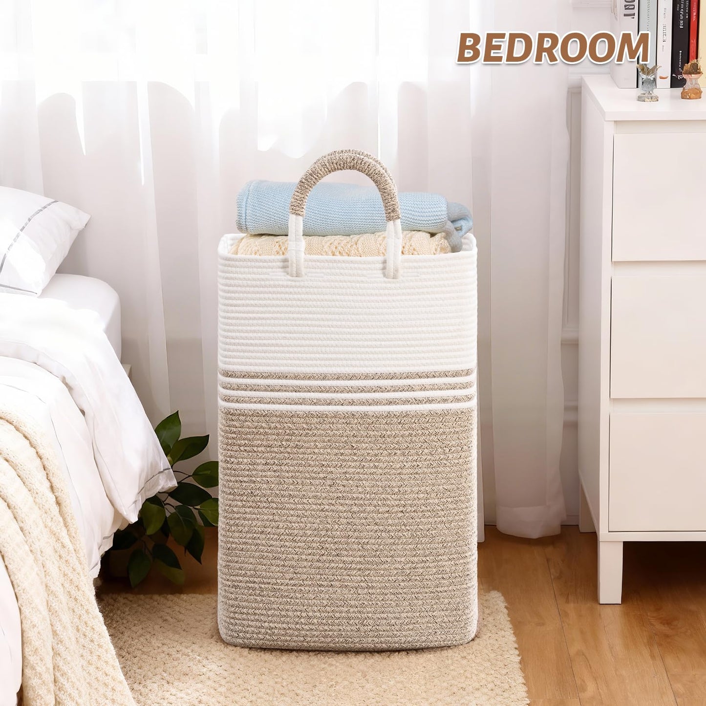 Laundry Basket Hamper,Blanket Storage,Dirty Clothes Hamper with Swivel Handles,Woven Cotton Rope Toy Baskets,Blanket Basket Living Room,Decorative Hampers for Nursery,Bedroom,White & Linen,100L