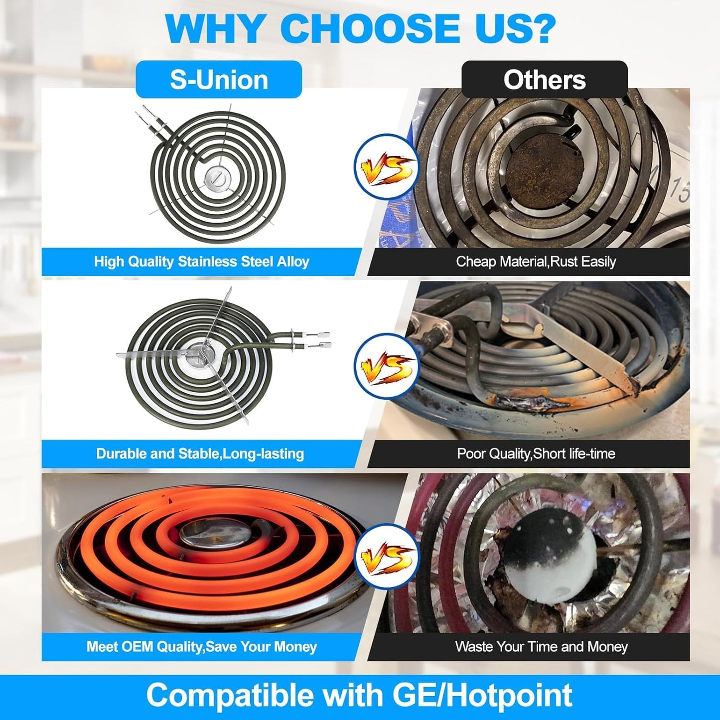 UPGRADED WB30M1 WB30M2 Electric Stove Burners Compatible with GE Hotpoint Stove Coil Element,Electric Range Burner Stove Coil for GE Stove Burner Replacement Parts Stove Top Element Burner (4 Pack)