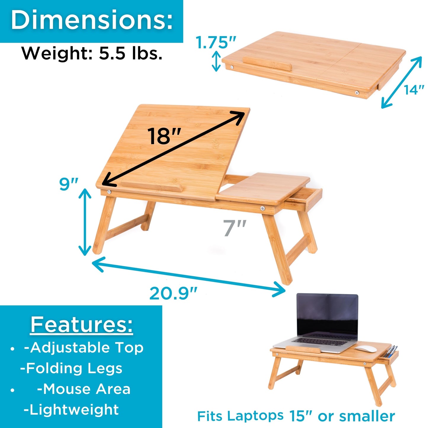 BirdRock Home Bamboo Laptop Bed Tray (Natural)| Multi-Position Adjustable Surface | Pull Down Legs | Storage Drawer