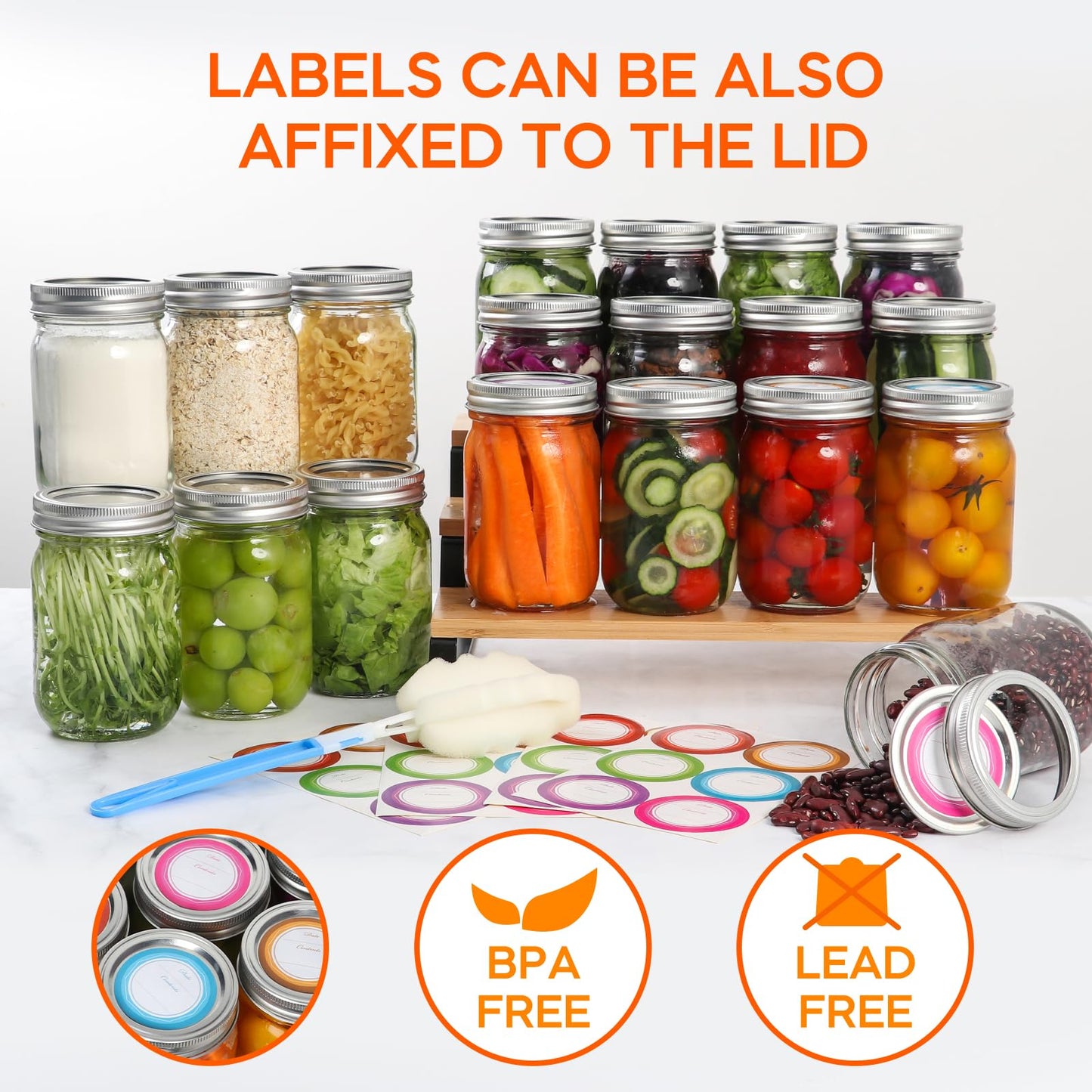 Mcupper Glass Mason Jars 16 oz with Airtight Lids and Bands - 15 Pack Regular Mouth Pint Canning Jars for Pickling, Meal Prep, Overnight Oats, Dry Food & DIY Crafts - Includes 24 Stickers & Brush